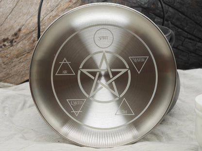Engraved Stainless Steel Altar Tray: Elemental Pentacle Offering Plate (8 Inches)