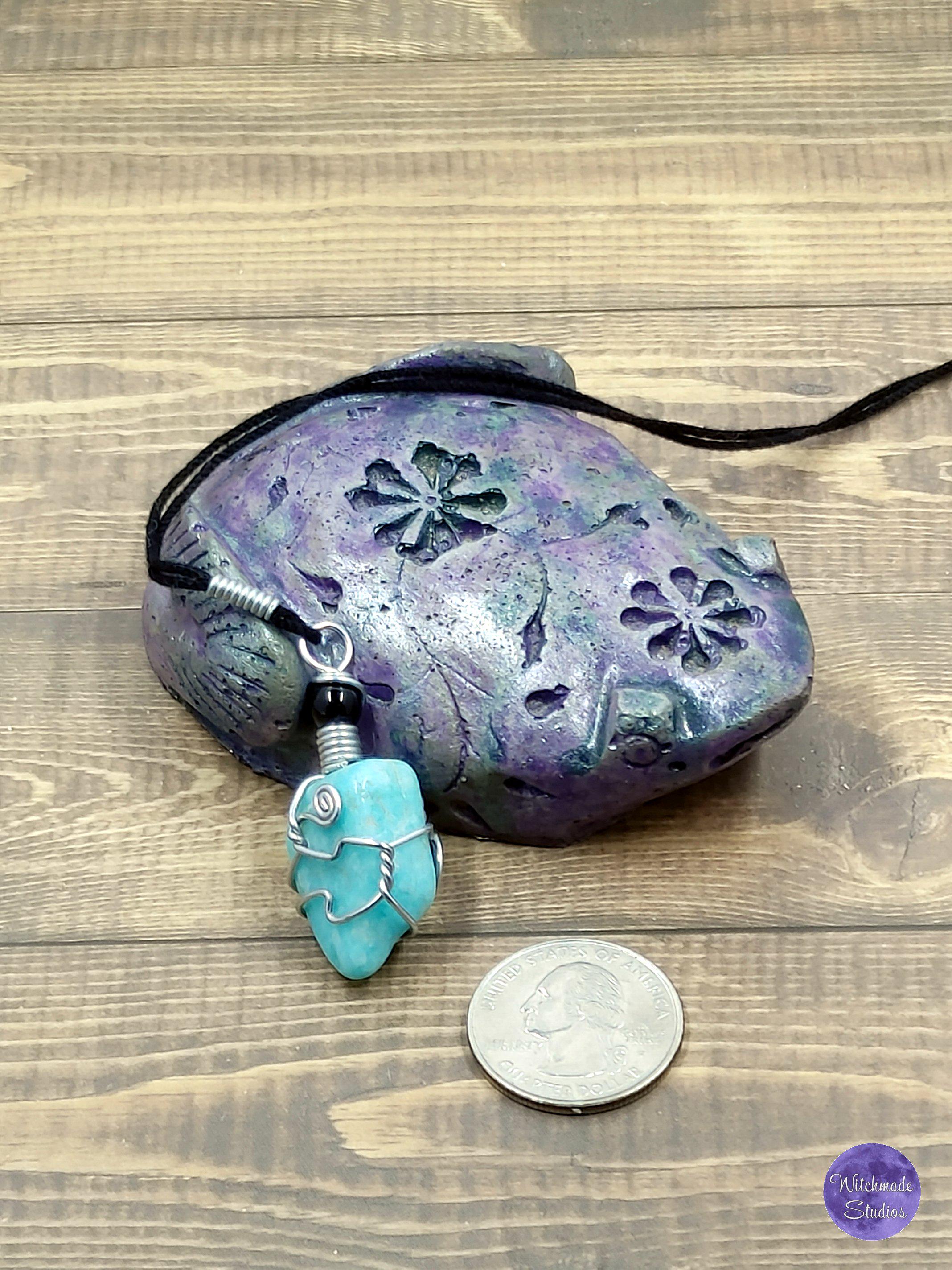 Amazonite Wire Wrap Crystal Necklace, Copper Metaphysical Jewelry JN122