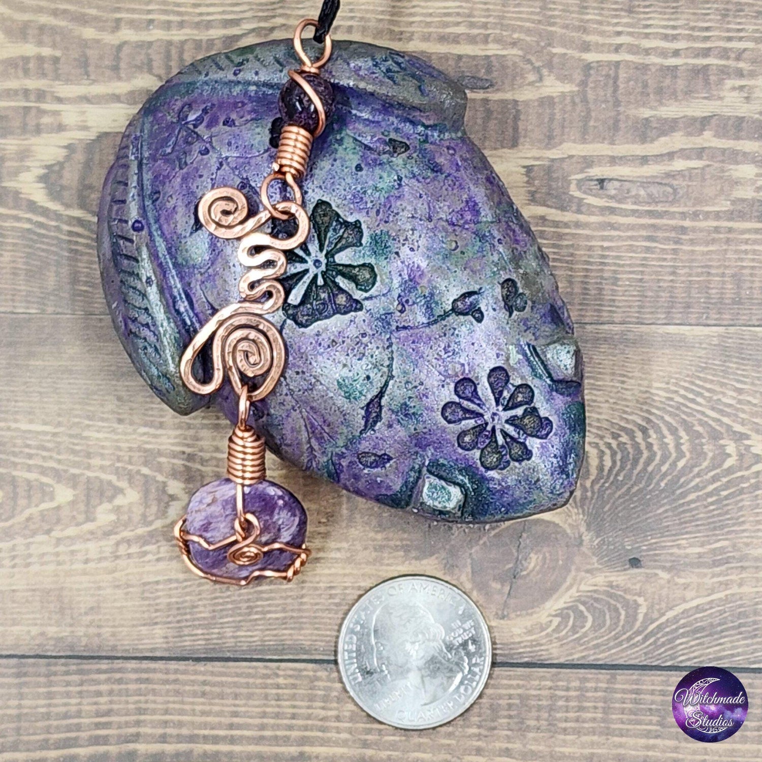 Charoite Wire Wrap Crystal Necklace, Copper Metaphysical Jewelry JN189