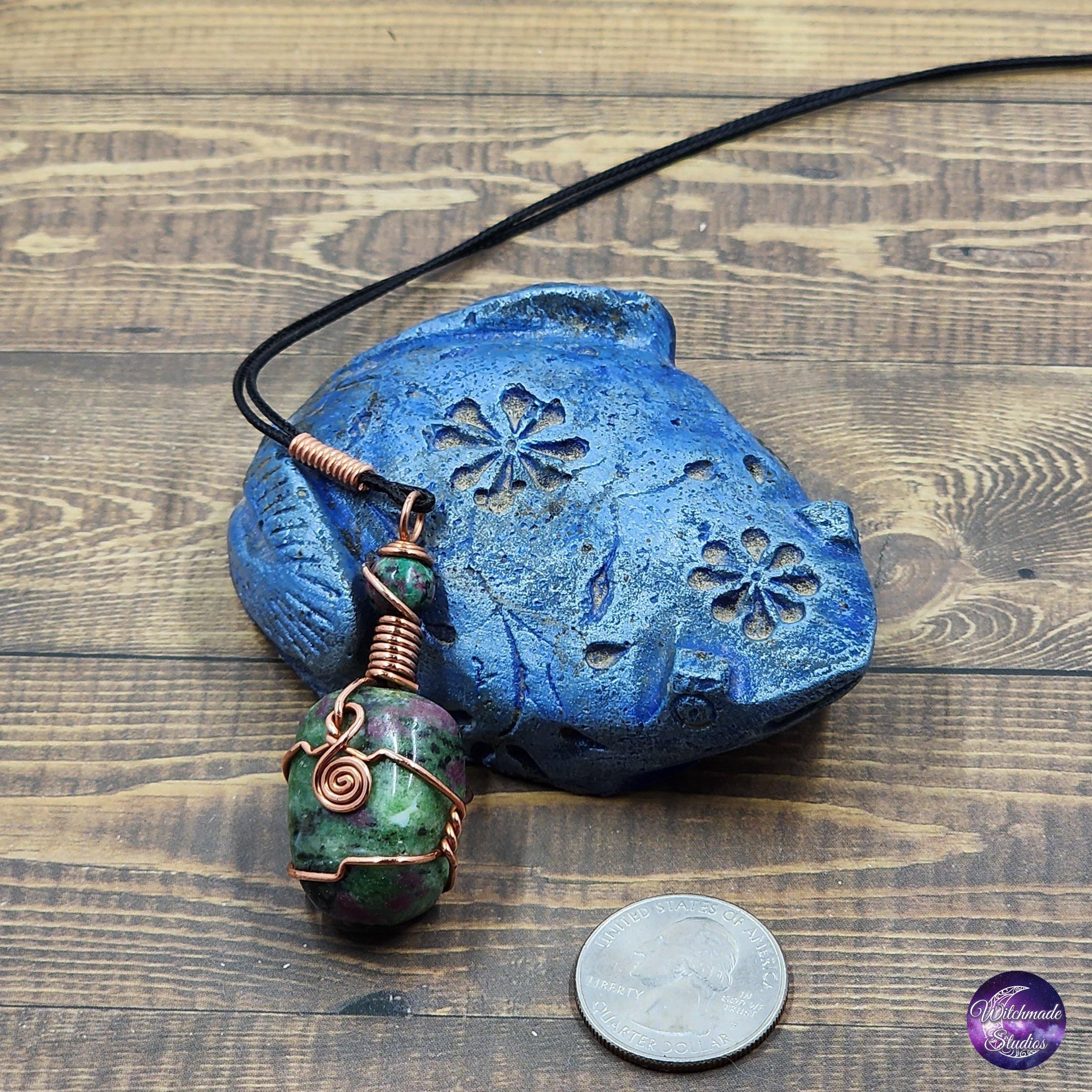 Ruby In Zoisite Wire Wrap Crystal Necklace, Copper Metaphysical Jewelry JN226
