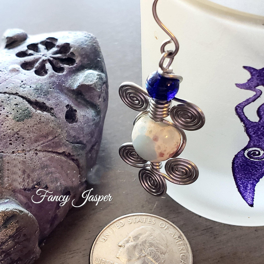 Fancy Jasper Wire Wrap Crystal Earrings, Copper Metaphysical Jewelry  JN61