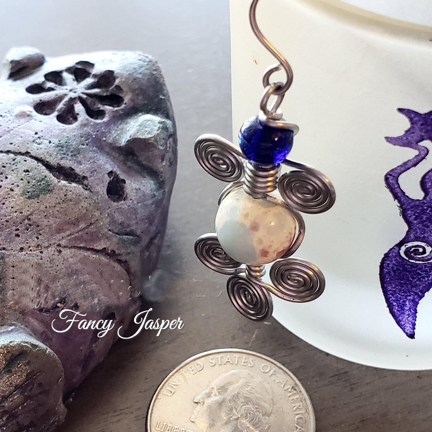 Fancy Jasper Wire Wrap Crystal Earrings, Copper Metaphysical Jewelry  JN61