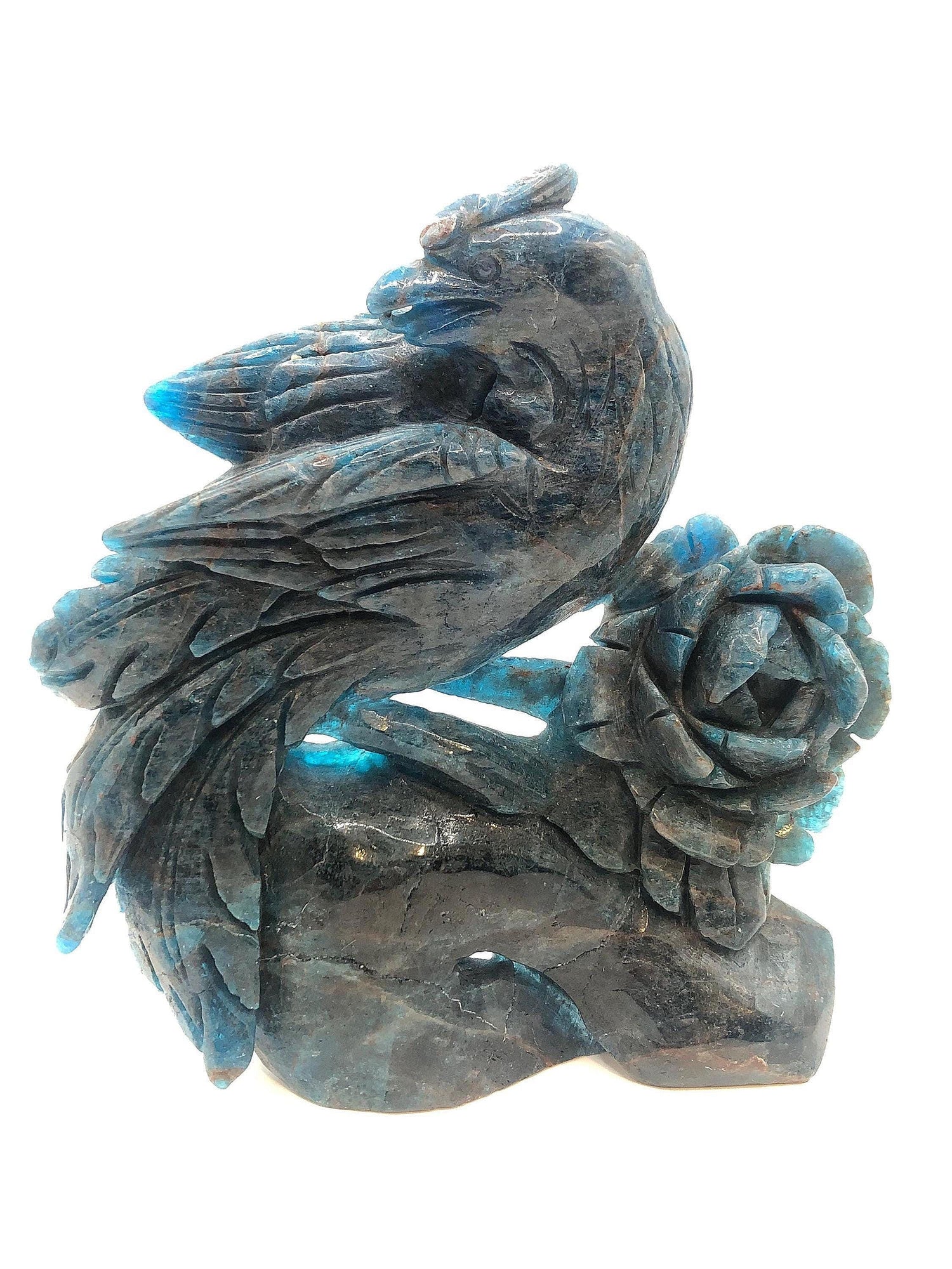 Blue Apatite Phoenix Carving: One-of-a-Kind Stone Art