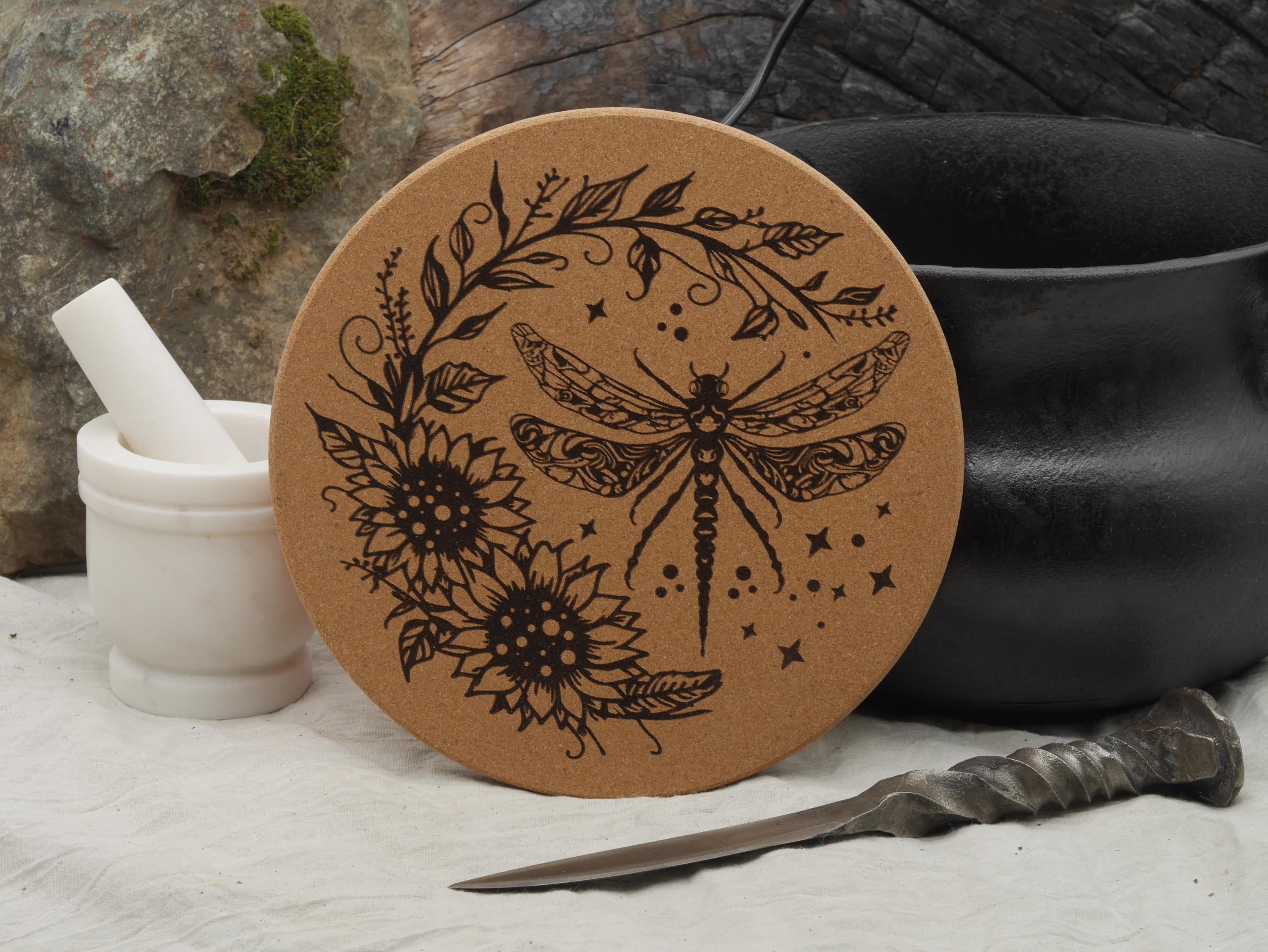 Dragonfly Cork Trivet: Laser Engraved Kitchen Decor (7 1/2&amp;quot;)