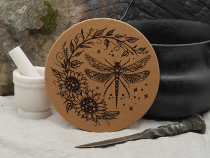 Dragonfly Cork Trivet: Laser Engraved Kitchen Decor (7 1/2&amp;quot;)