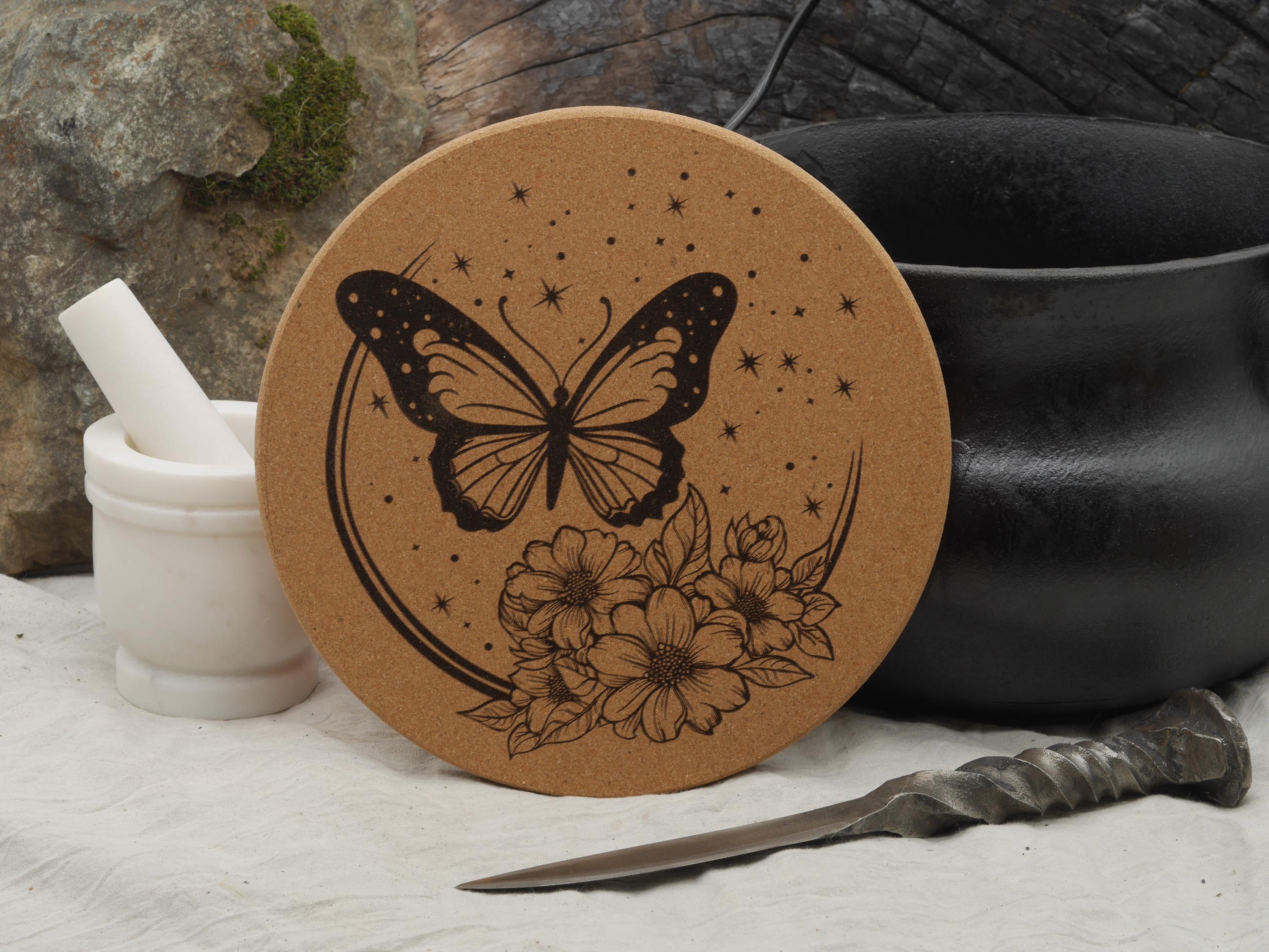 Butterfly Cork Trivet: Laser Engraved Floral Design, Kitchen Decor