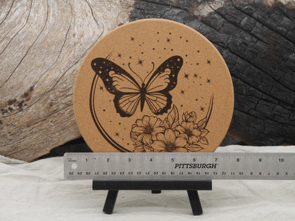 Butterfly Cork Trivet: Laser Engraved Floral Design, Kitchen Decor
