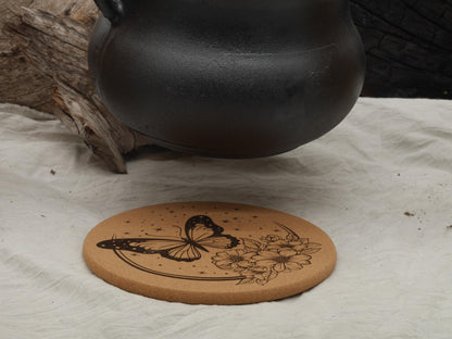 Butterfly Cork Trivet: Laser Engraved Floral Design, Kitchen Decor