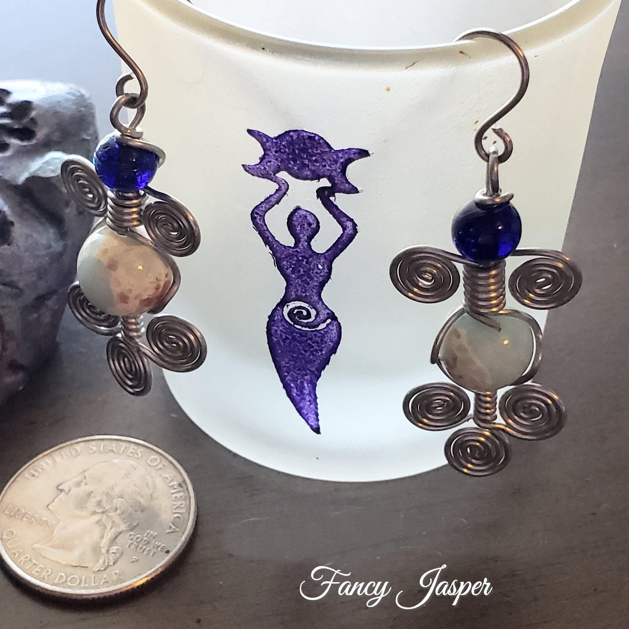 Fancy Jasper Wire Wrap Crystal Earrings, Copper Metaphysical Jewelry  JN61