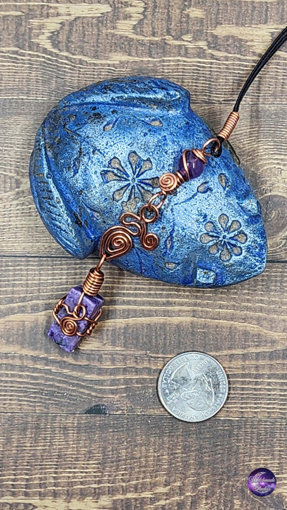 Charoite Wire Wrap Crystal Necklace, Copper Metaphysical Jewelry JN216