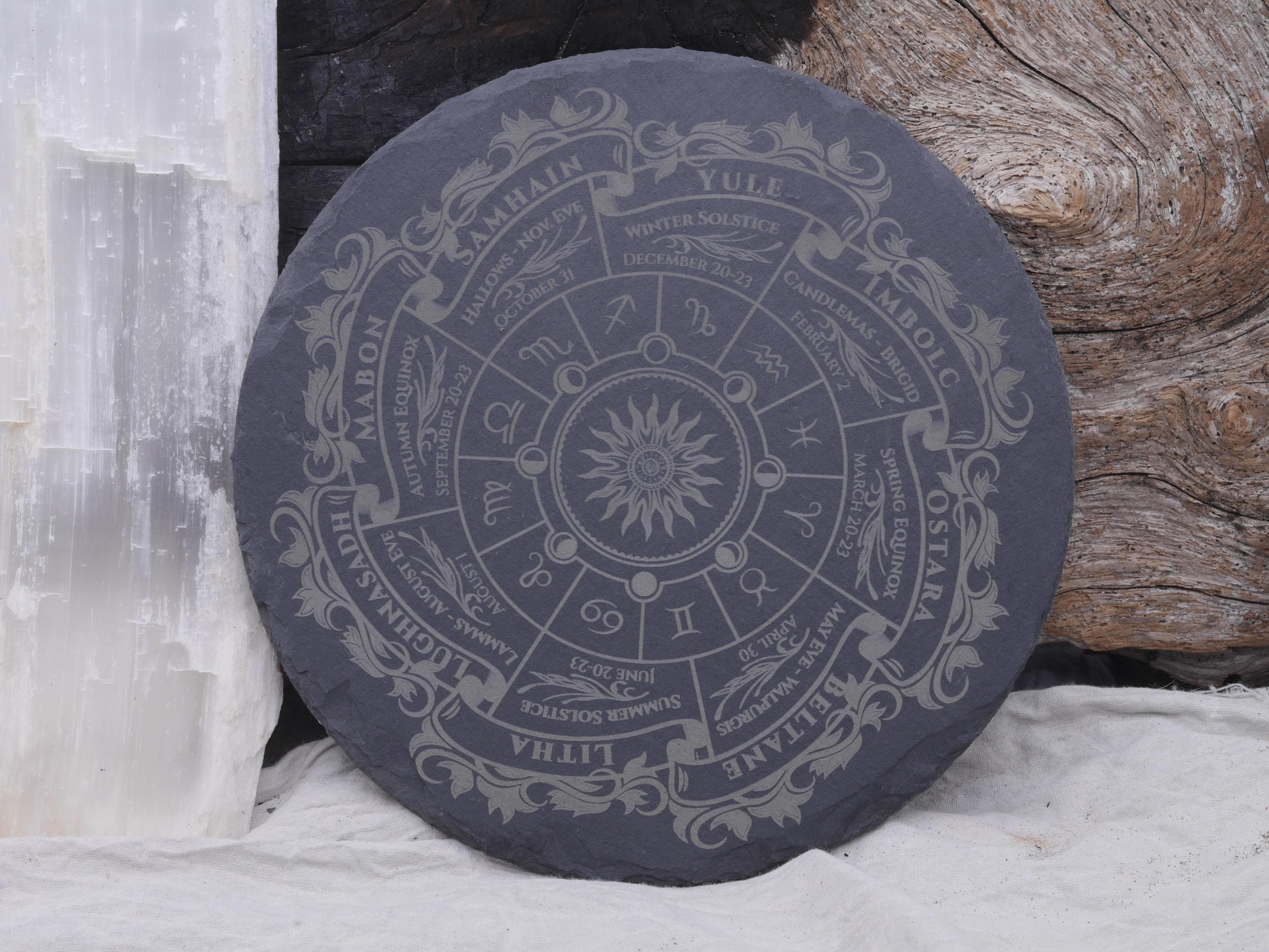 Engraved Slate Wheel of the Year: Bohemian Pagan Altar Piece