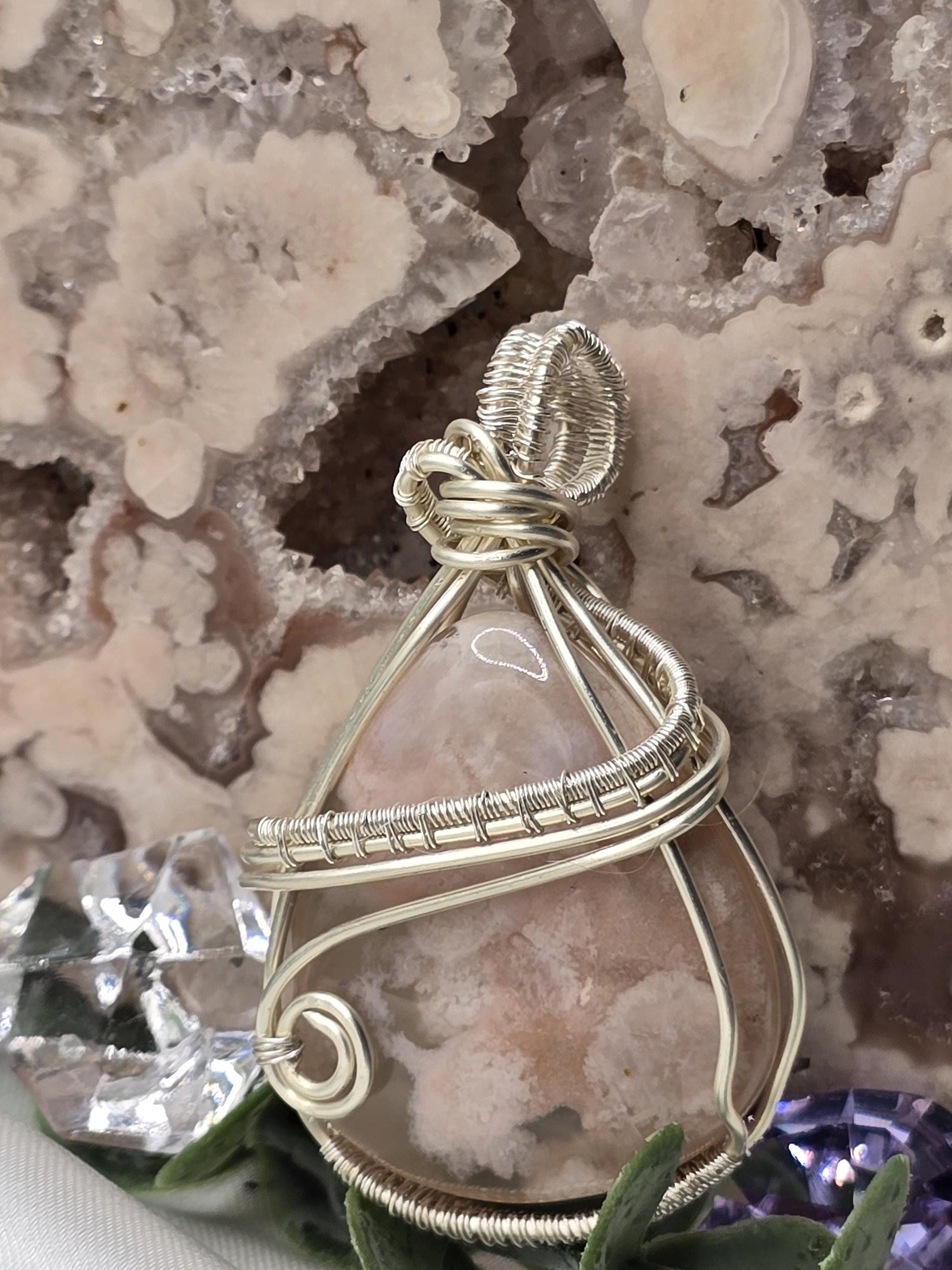 Hand-crafted Wire Wrapped Flower Agate Crystal Pendant