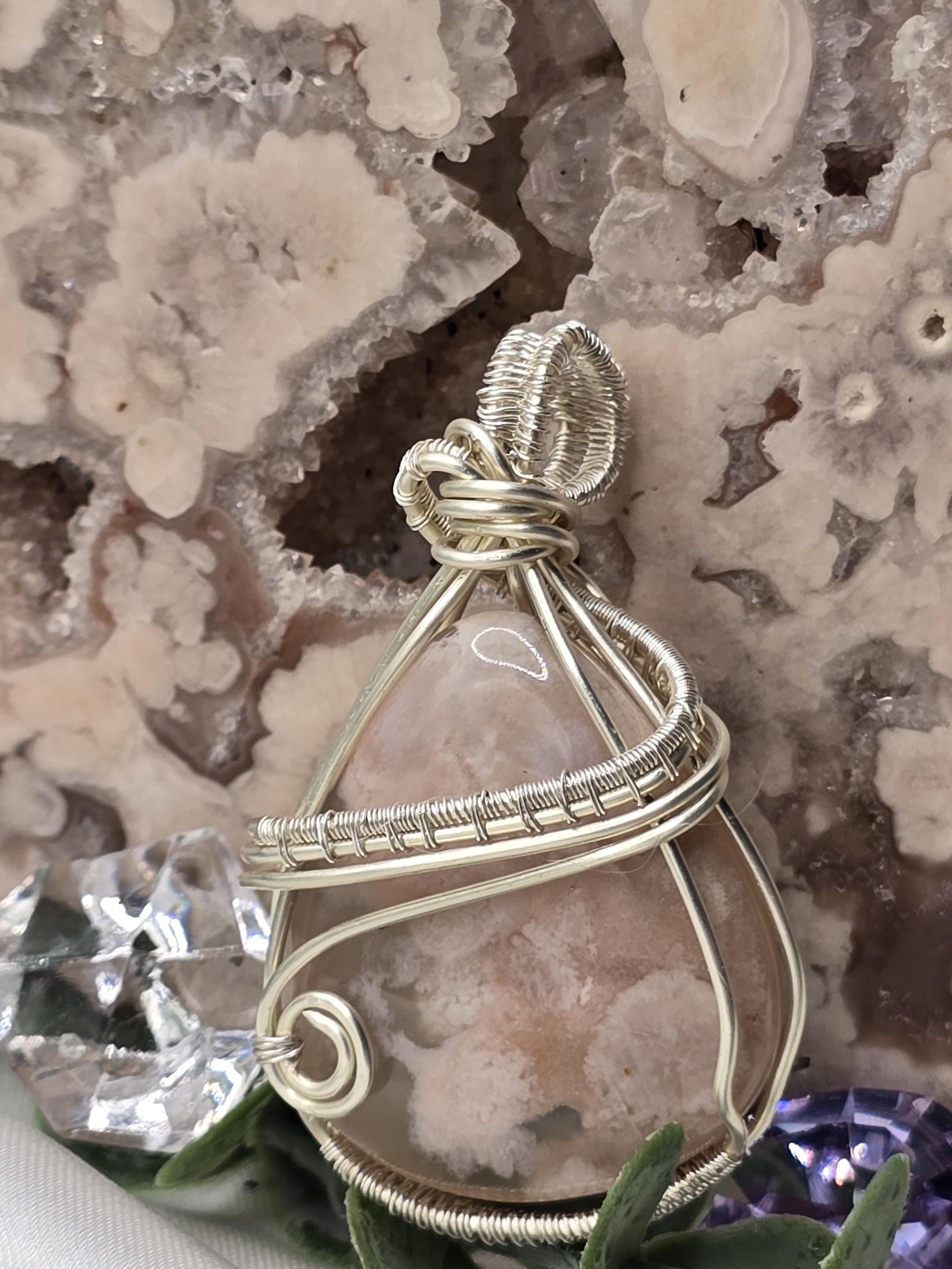 Hand-crafted Wire Wrapped Flower Agate Crystal Pendant