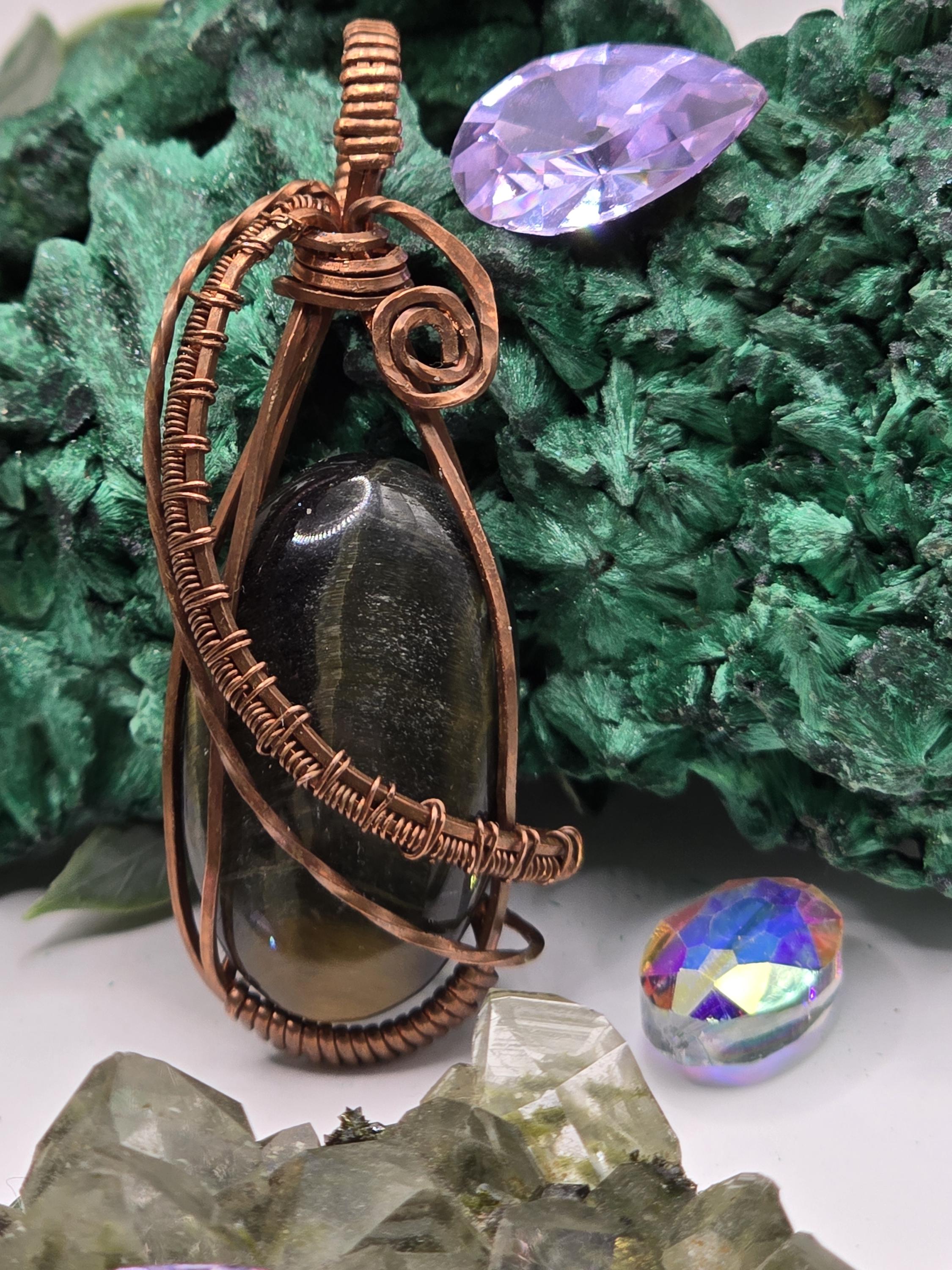 Hand-crafted Wire Wrapped Blue and Gold Tigers Eye Crystal Pendant