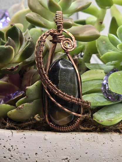 Hand-crafted Wire Wrapped Blue and Gold Tigers Eye Crystal Pendant