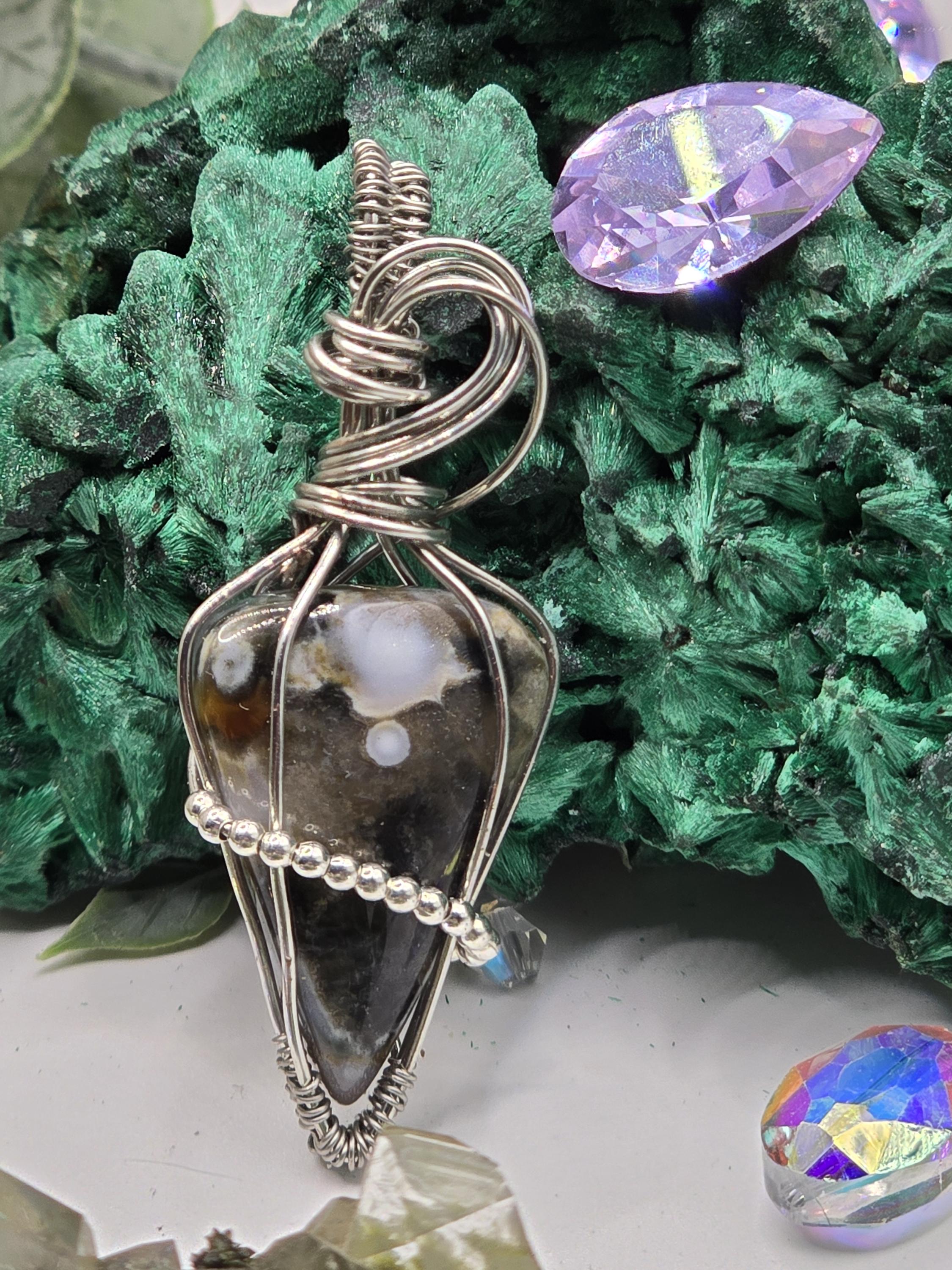 Hand-crafted Wire Wrapped Orbicular Ocean Jasper Crystal Pendant