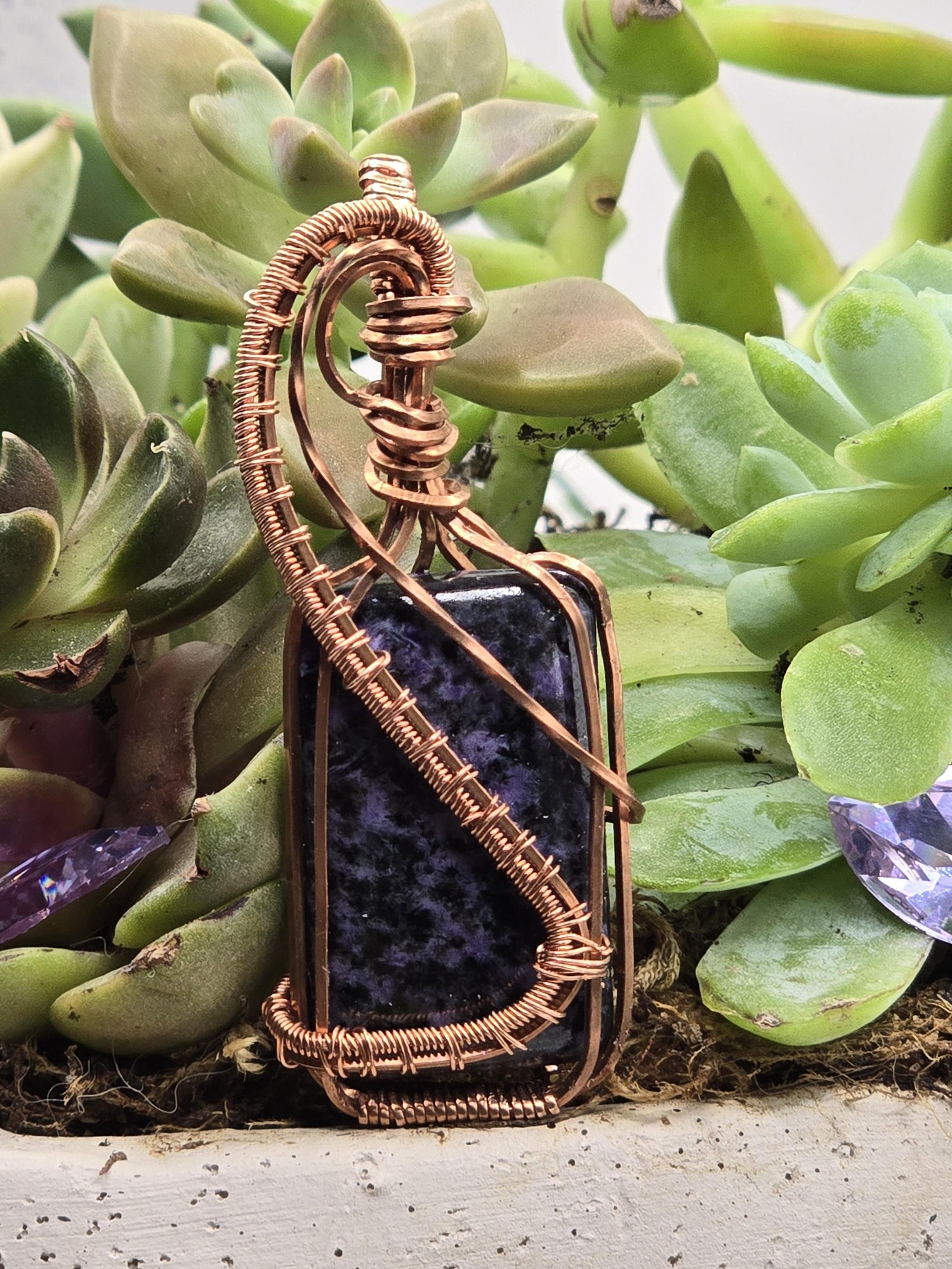 Hand-crafted Wire Wrapped Charoite Crystal Pendant