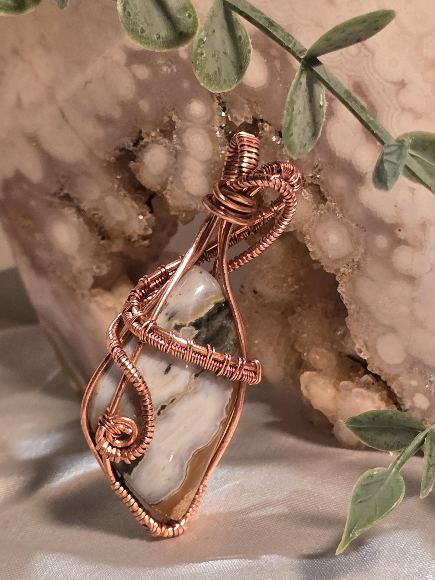 Hand-crafted Wire Wrapped Orbicular Ocean Jasper Crystal Pendant
