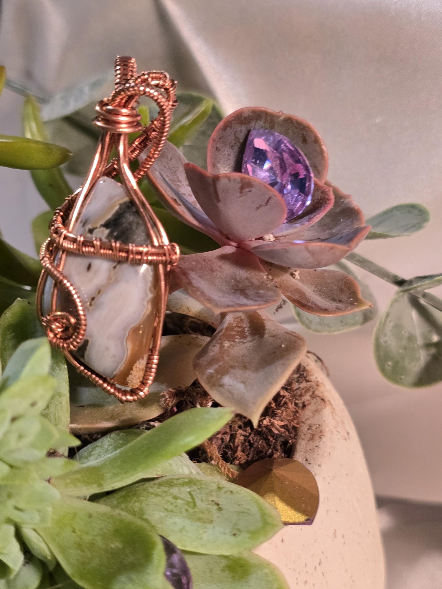 Hand-crafted Wire Wrapped Orbicular Ocean Jasper Crystal Pendant