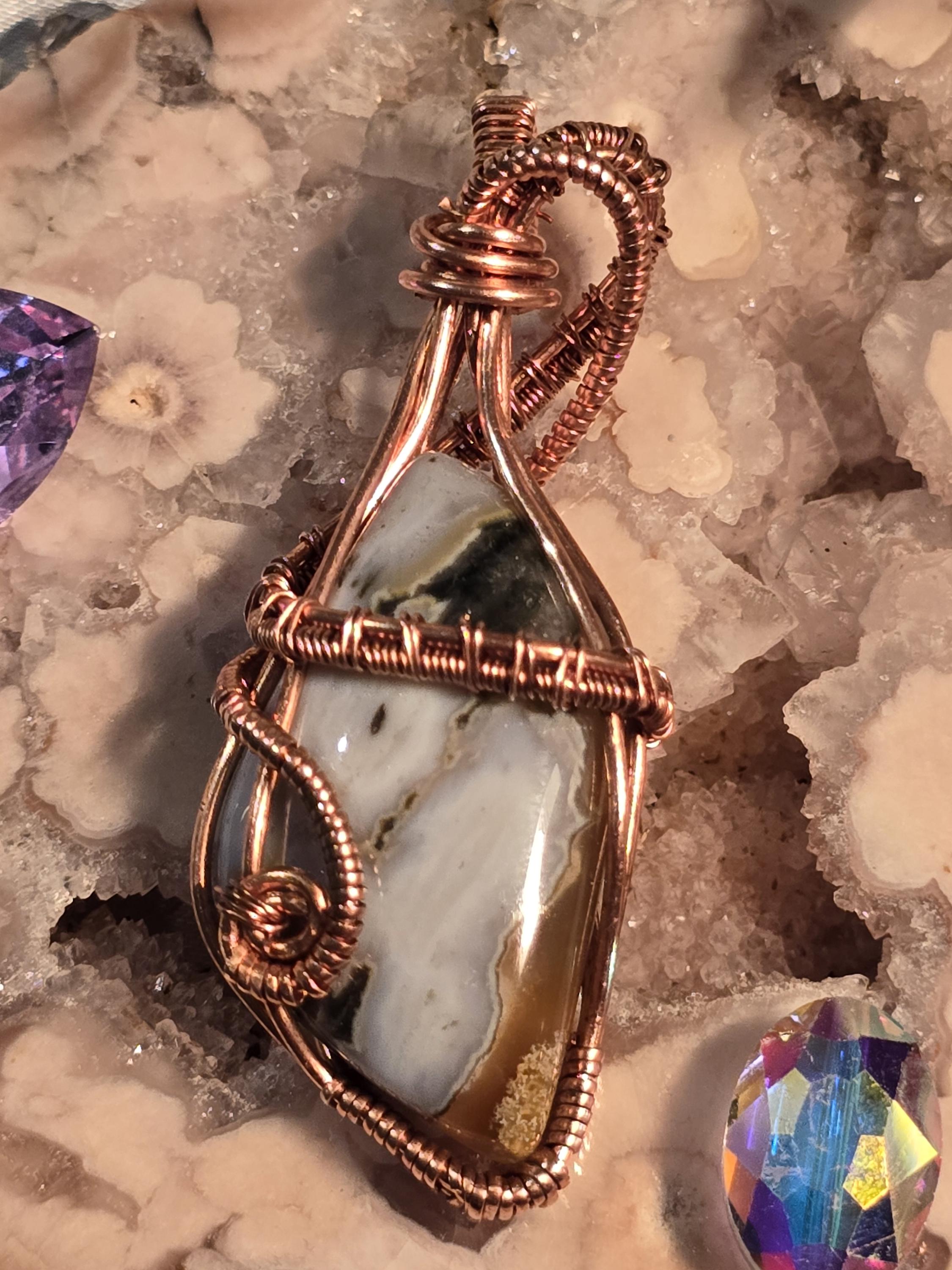 Hand-crafted Wire Wrapped Orbicular Ocean Jasper Crystal Pendant