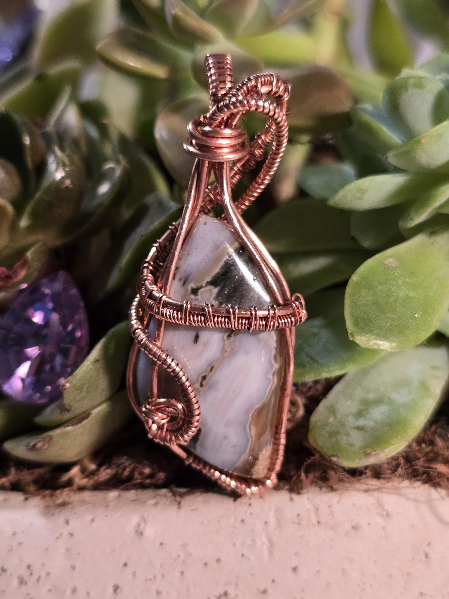 Hand-crafted Wire Wrapped Orbicular Ocean Jasper Crystal Pendant
