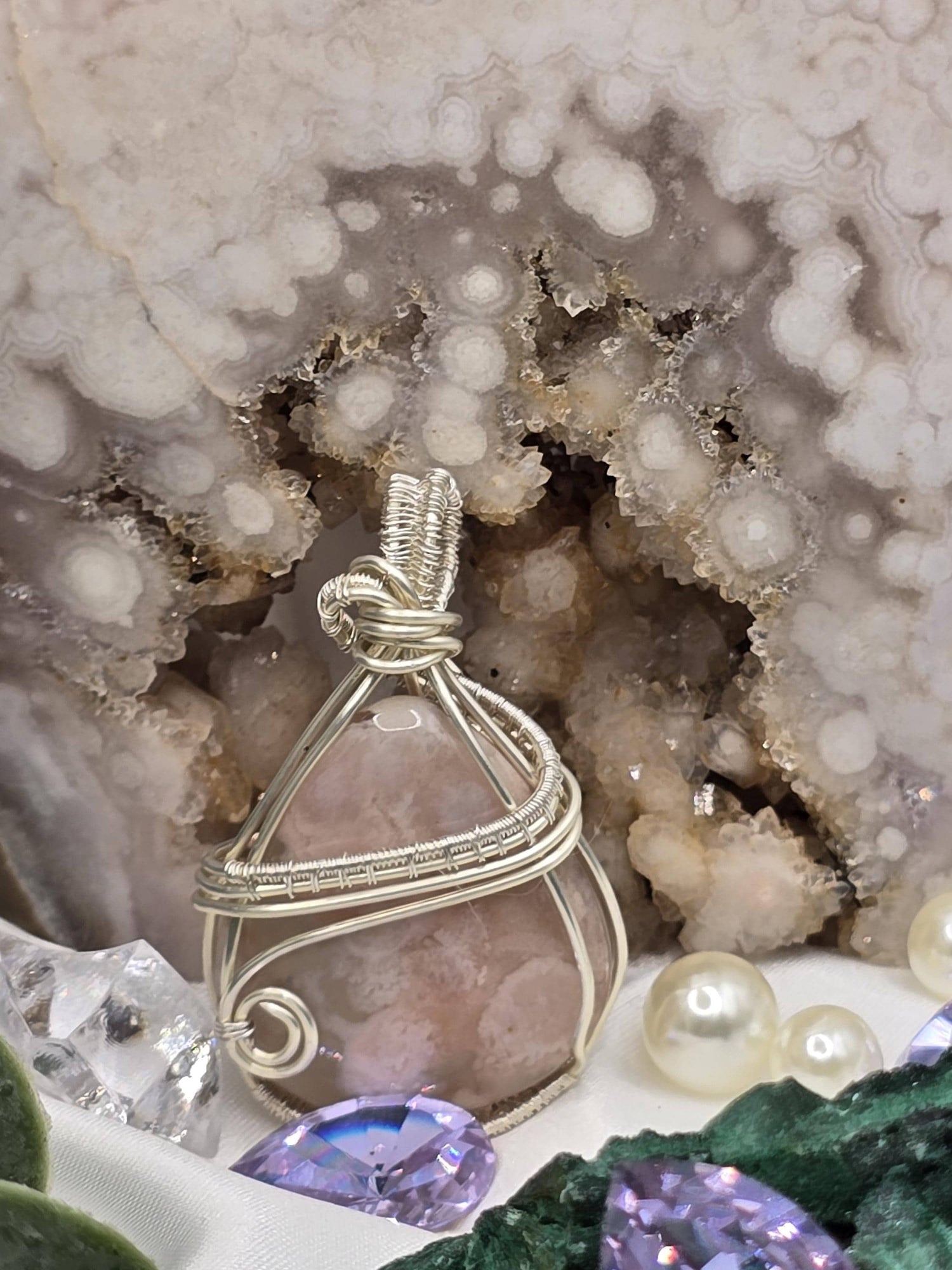 Hand-crafted Wire Wrapped Flower Agate Crystal Pendant