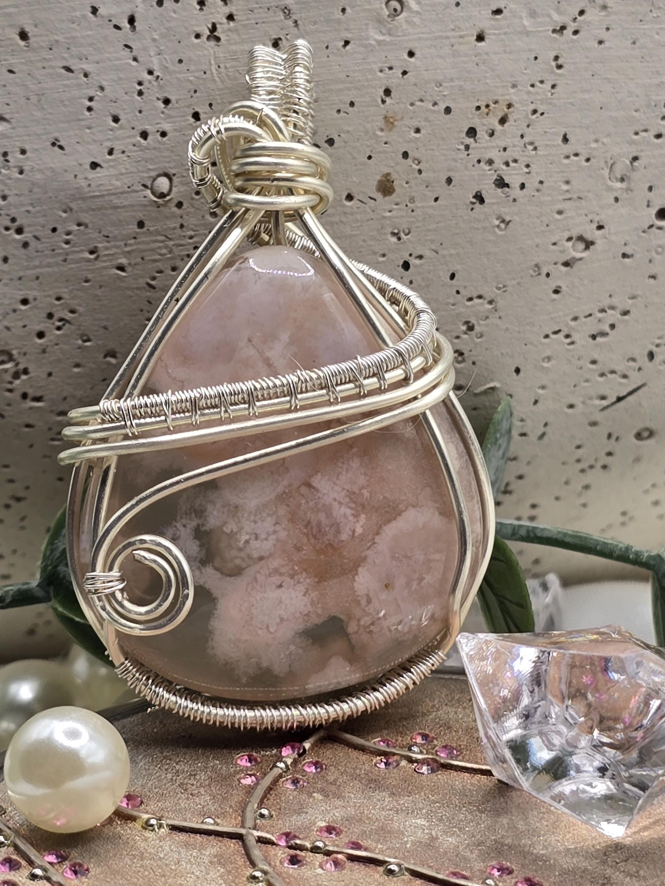 Hand-crafted Wire Wrapped Flower Agate Crystal Pendant