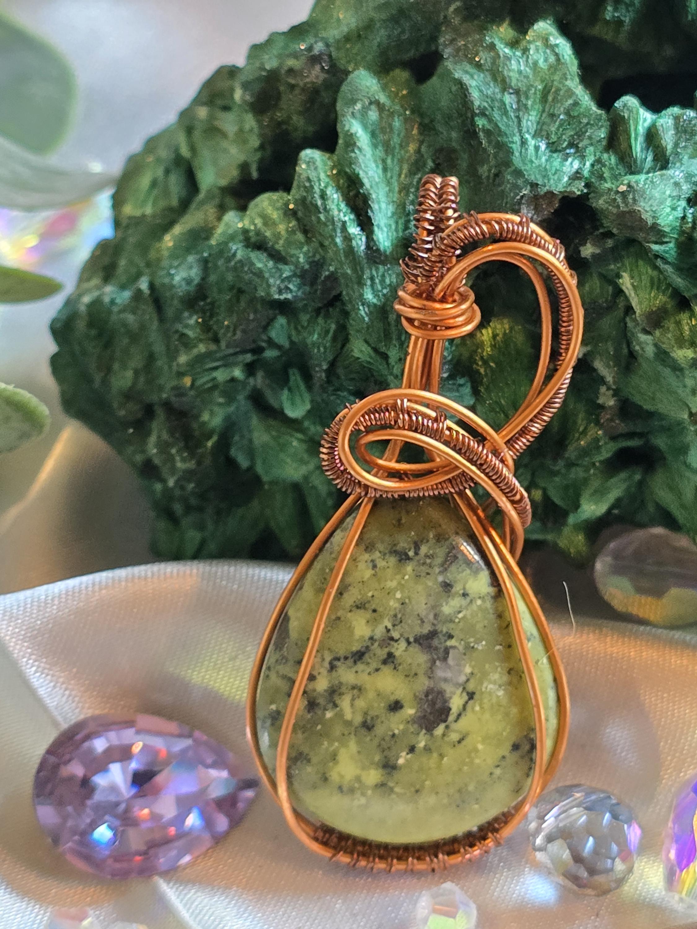 Hand-crafted Wire Wrapped Serpentine Crystal Pendant