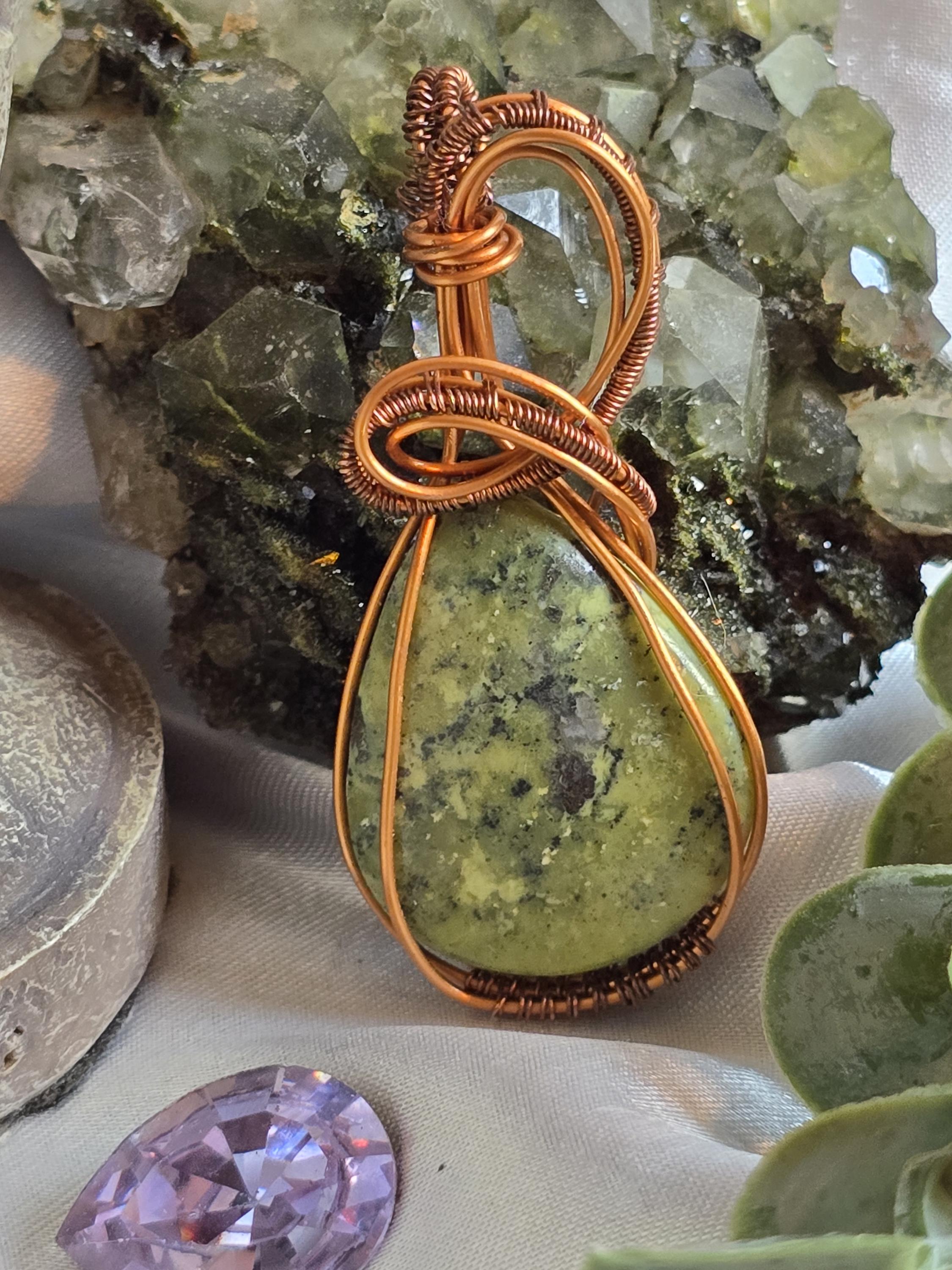 Hand-crafted Wire Wrapped Serpentine Crystal Pendant