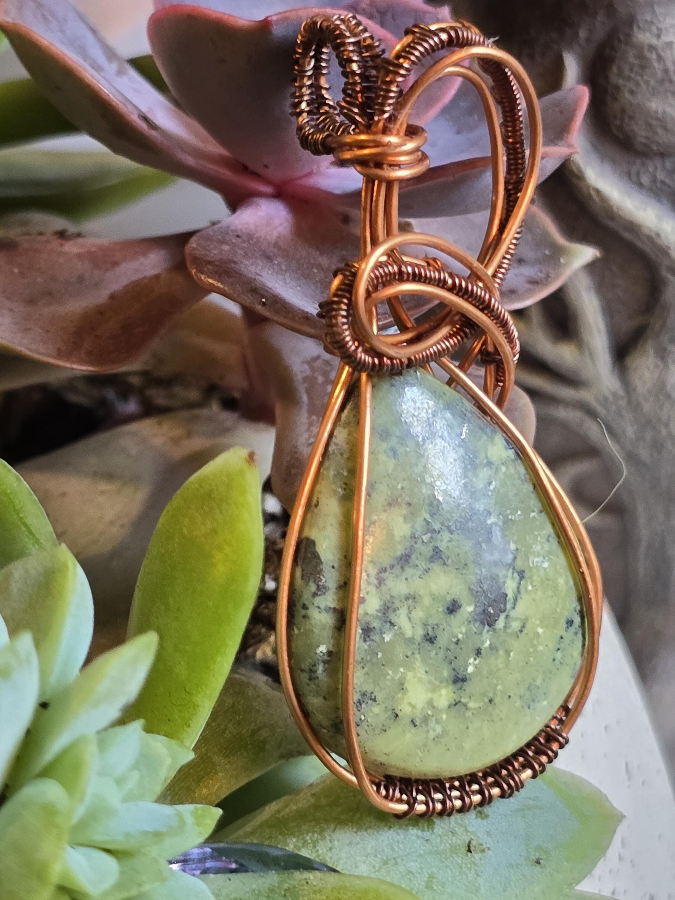 Hand-crafted Wire Wrapped Serpentine Crystal Pendant