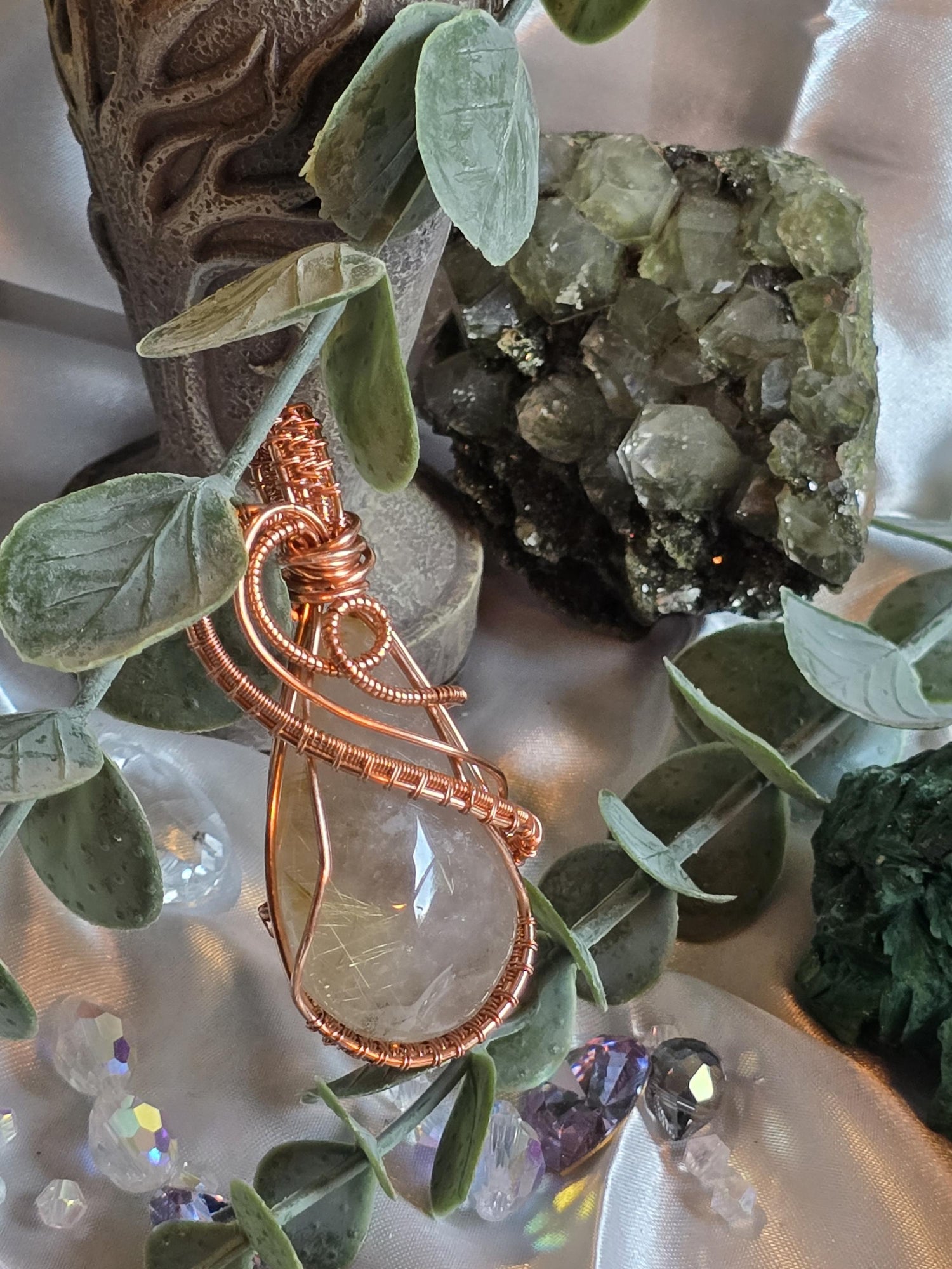 Hand-crafted Wire Wrapped Golden Rutilated Quartz Crystal Pendant