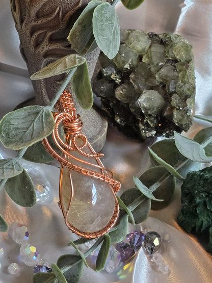 Hand-crafted Wire Wrapped Golden Rutilated Quartz Crystal Pendant