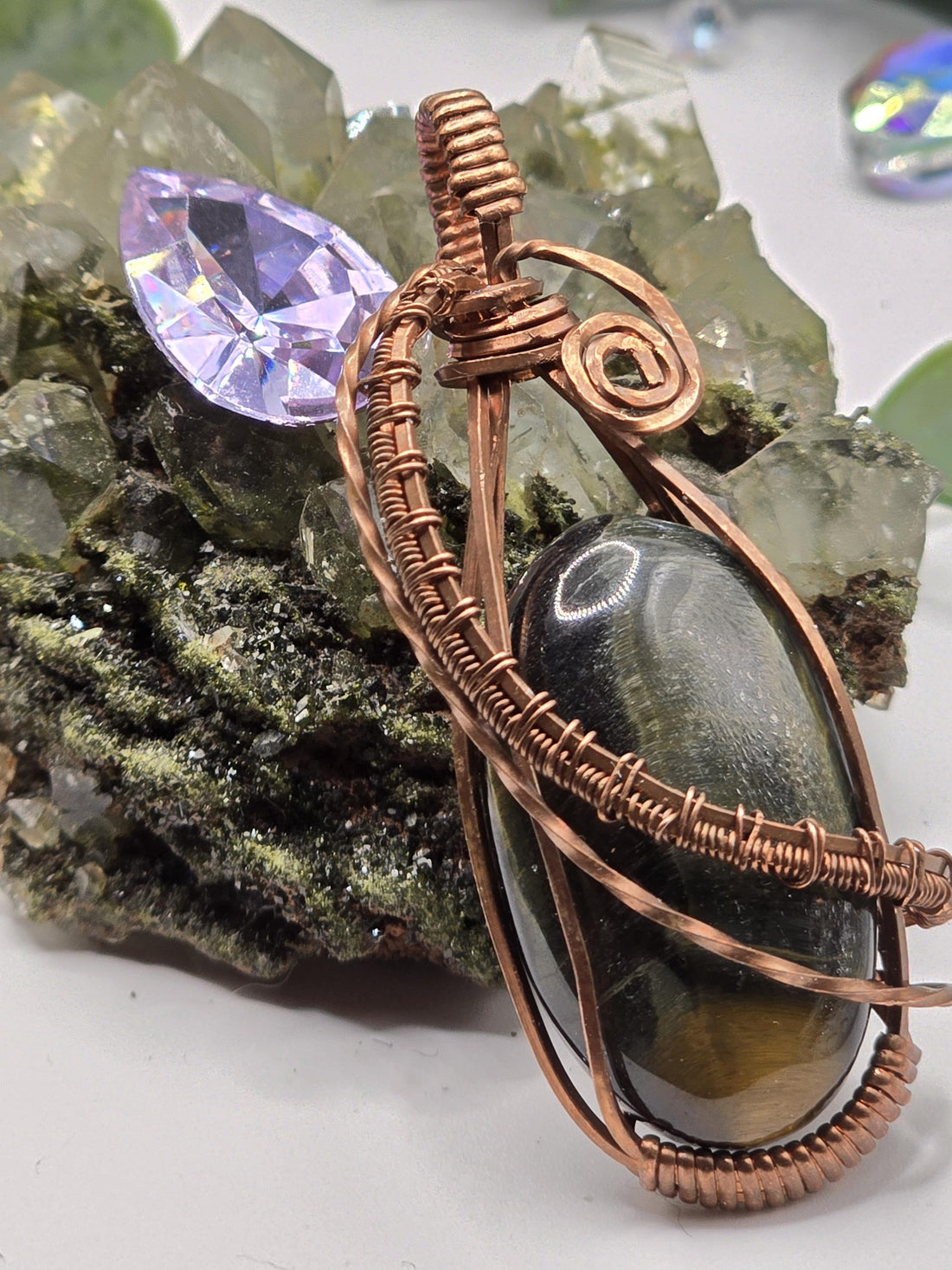 Hand-crafted Wire Wrapped Blue and Gold Tigers Eye Crystal Pendant