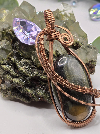 Hand-crafted Wire Wrapped Blue and Gold Tigers Eye Crystal Pendant