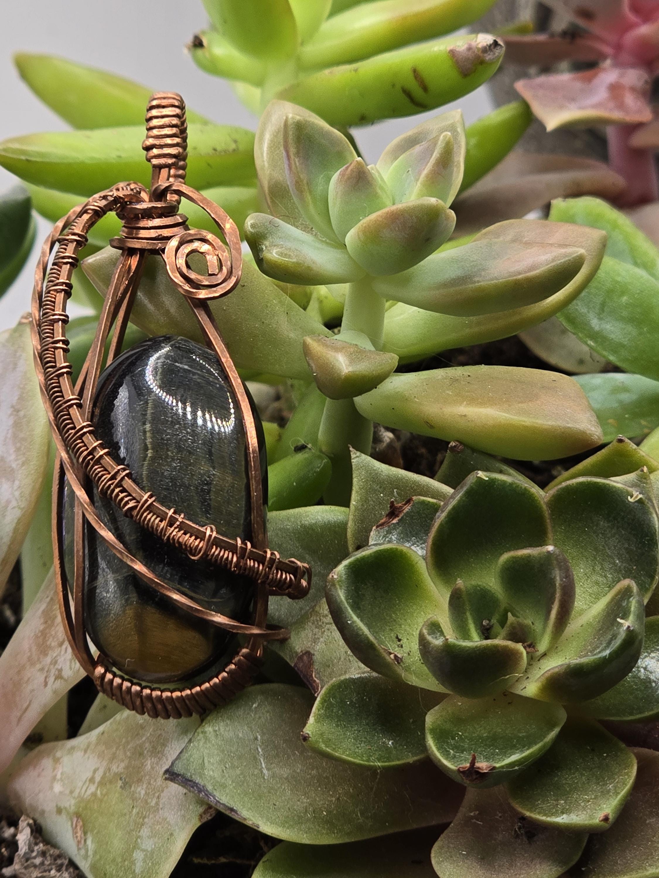 Hand-crafted Wire Wrapped Blue and Gold Tigers Eye Crystal Pendant