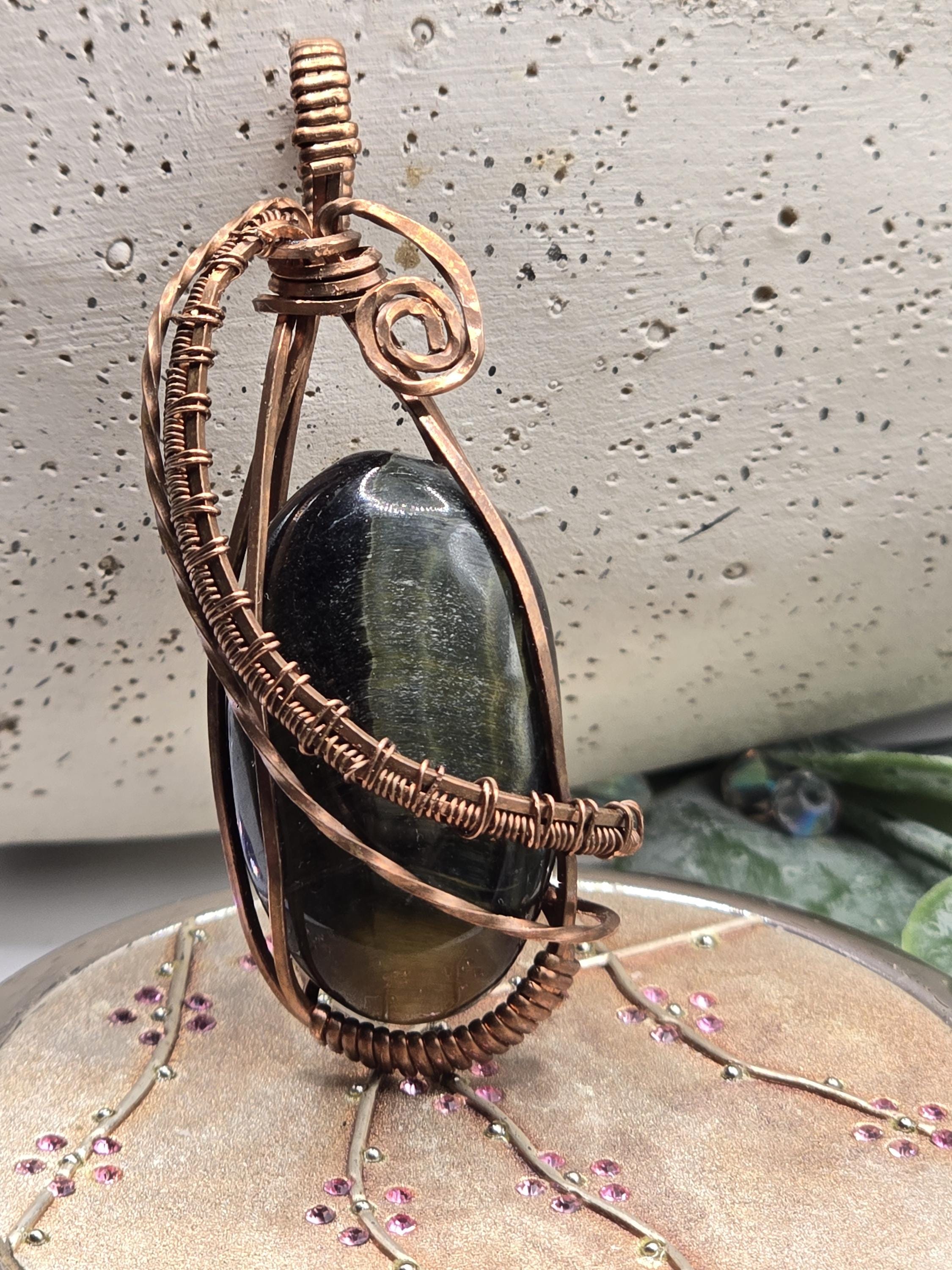 Hand-crafted Wire Wrapped Blue and Gold Tigers Eye Crystal Pendant