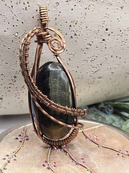 Hand-crafted Wire Wrapped Blue and Gold Tigers Eye Crystal Pendant