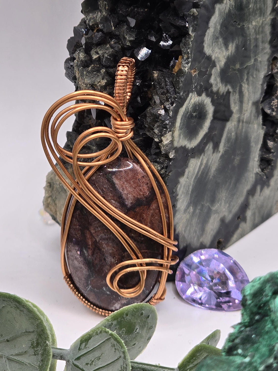 Hand-crafted Wire Wrapped Brecciated Jasper Crystal Pendant