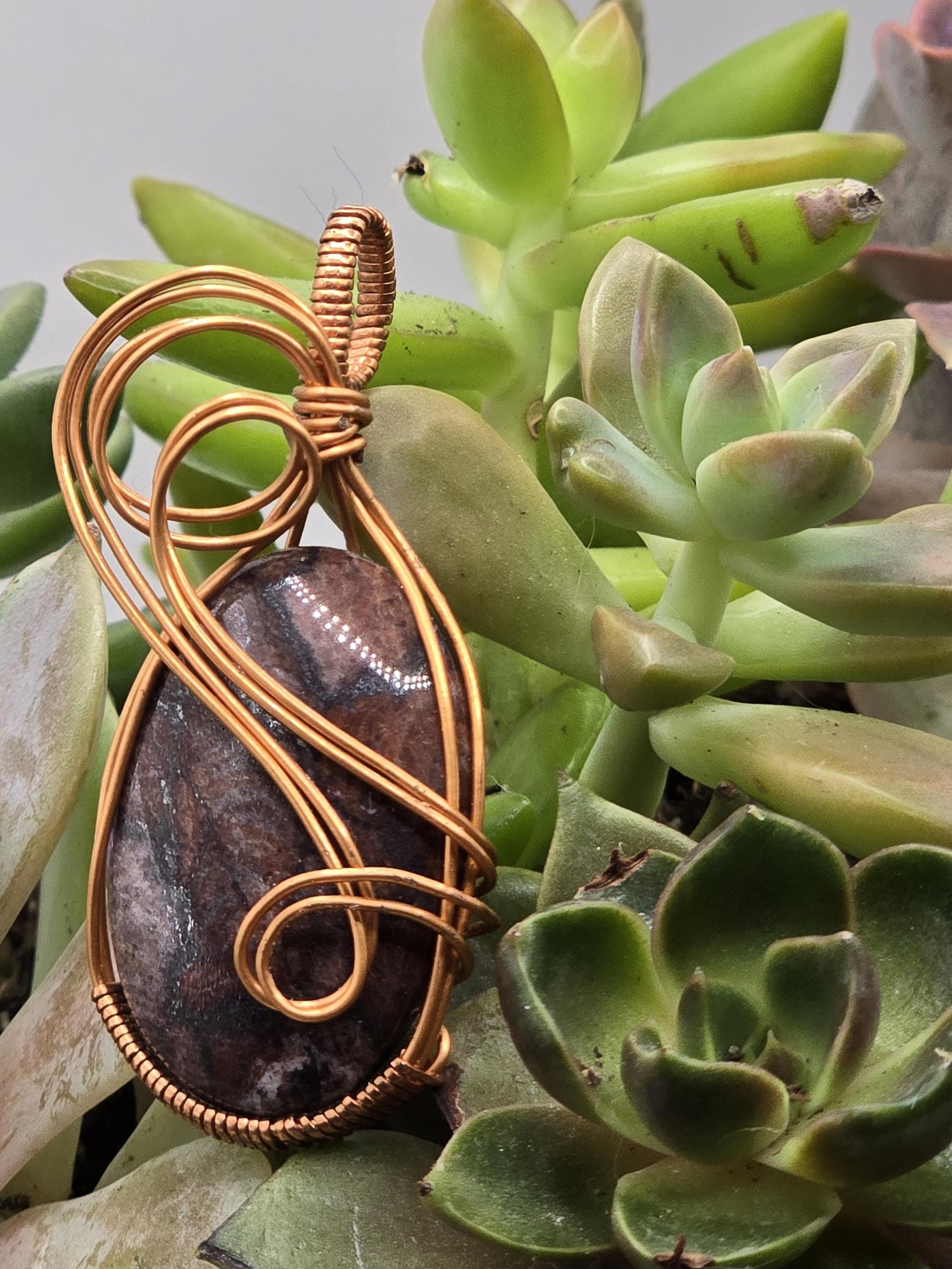 Hand-crafted Wire Wrapped Brecciated Jasper Crystal Pendant