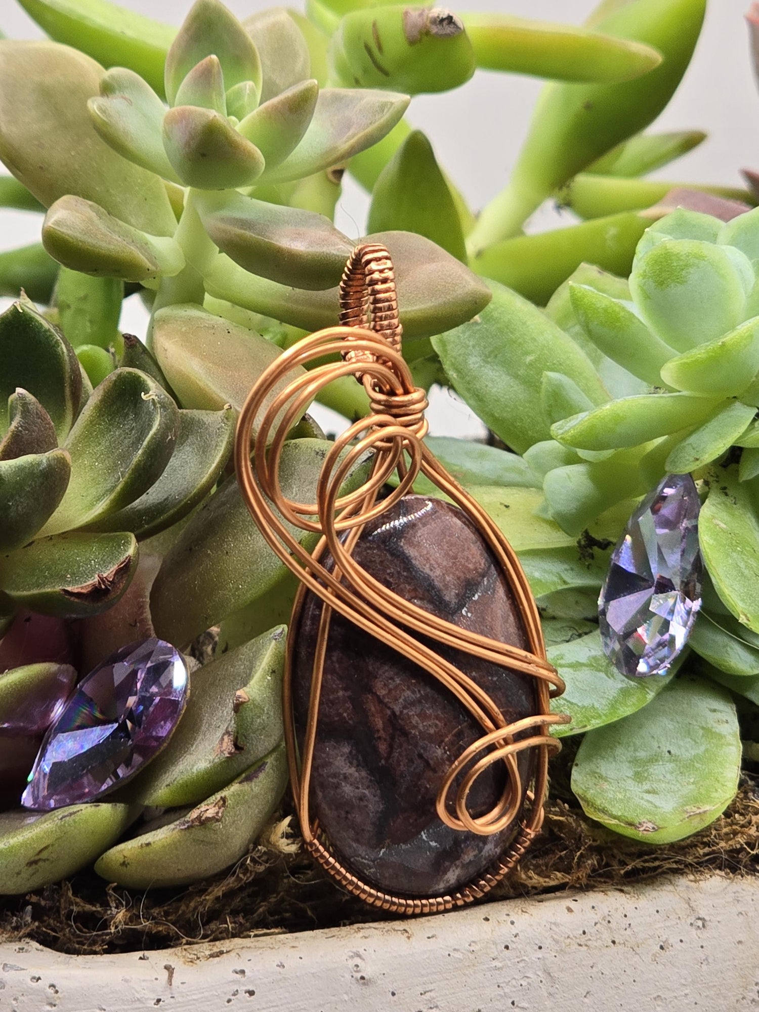 Hand-crafted Wire Wrapped Brecciated Jasper Crystal Pendant