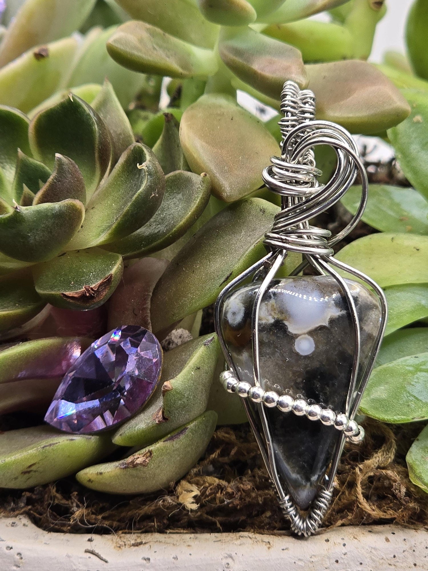 Hand-crafted Wire Wrapped Orbicular Ocean Jasper Crystal Pendant