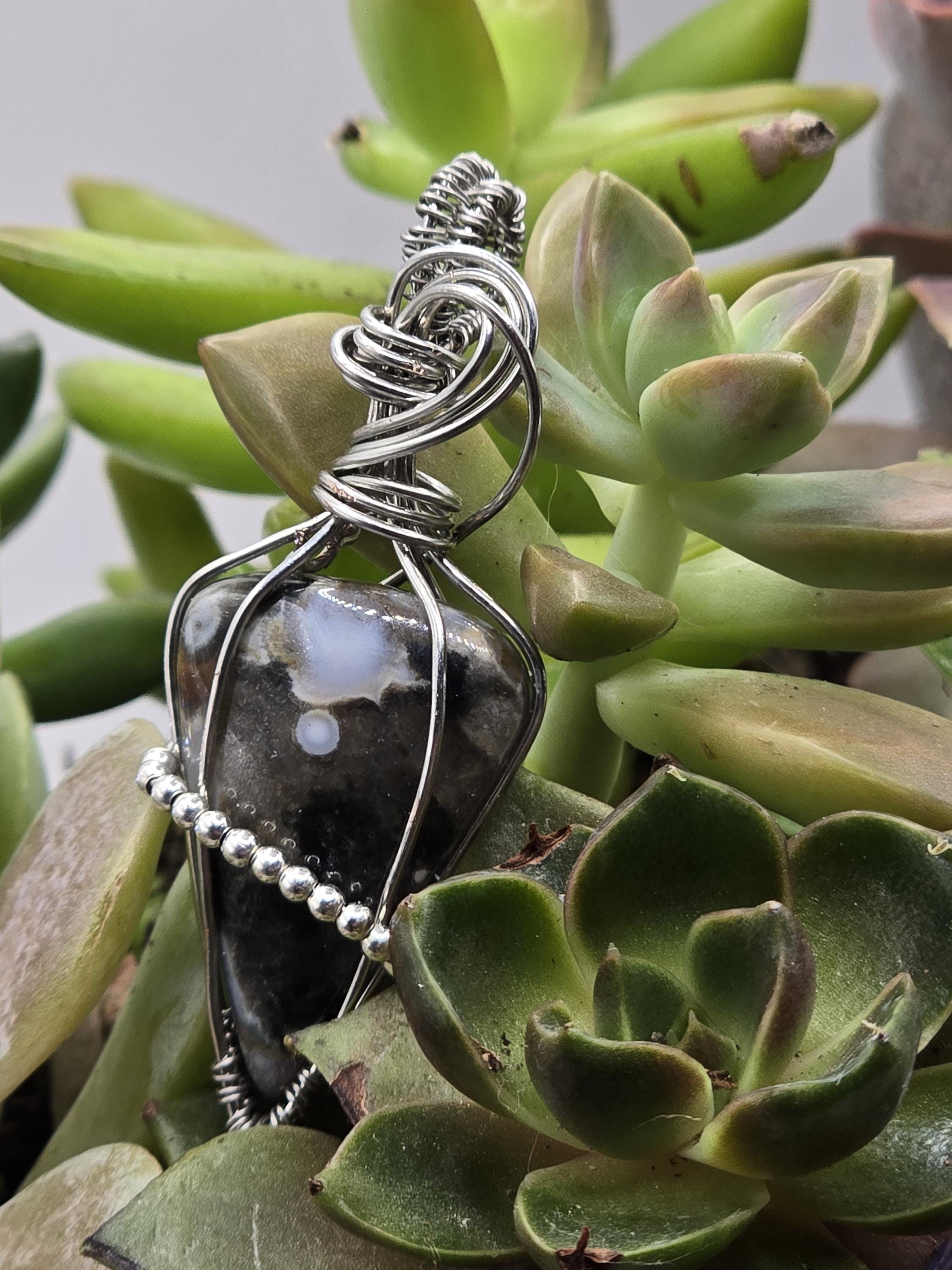 Hand-crafted Wire Wrapped Orbicular Ocean Jasper Crystal Pendant