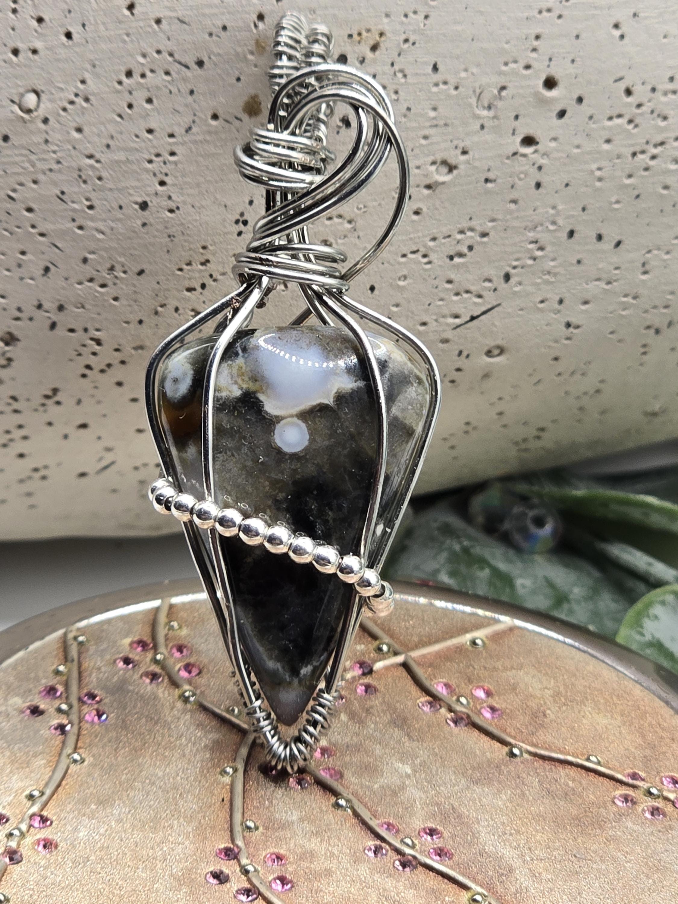 Hand-crafted Wire Wrapped Orbicular Ocean Jasper Crystal Pendant