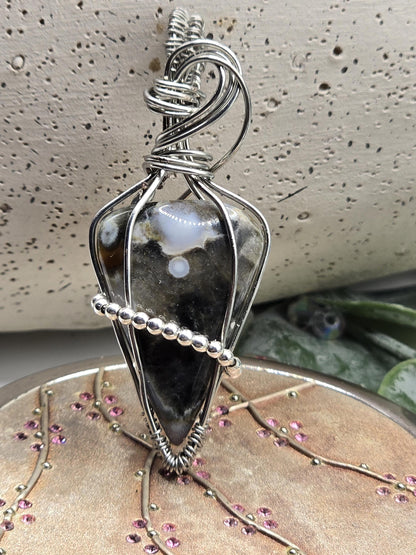 Hand-crafted Wire Wrapped Orbicular Ocean Jasper Crystal Pendant