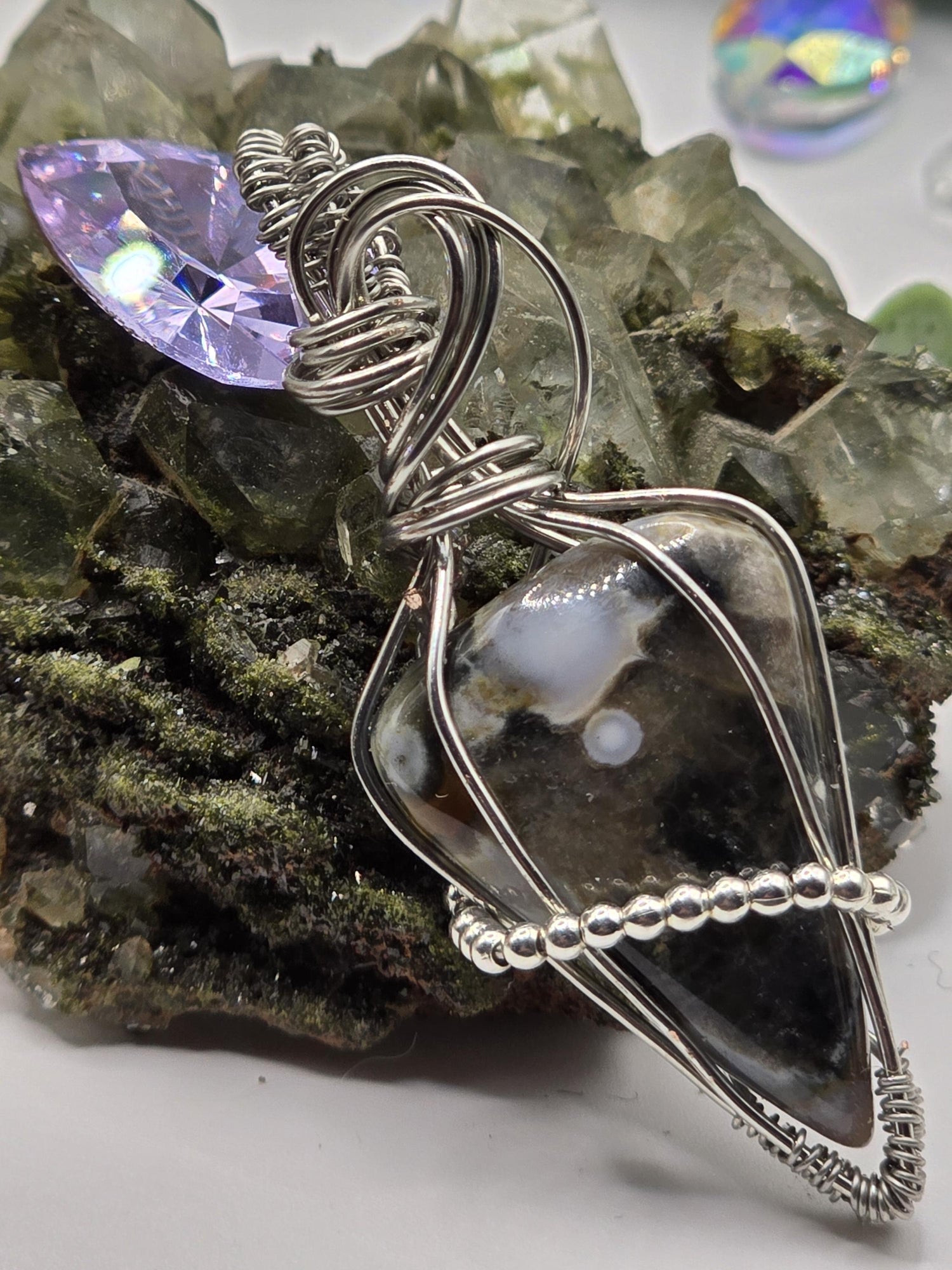 Hand-crafted Wire Wrapped Orbicular Ocean Jasper Crystal Pendant