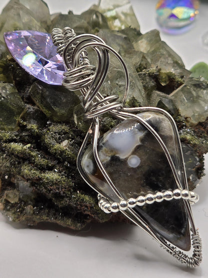 Hand-crafted Wire Wrapped Orbicular Ocean Jasper Crystal Pendant