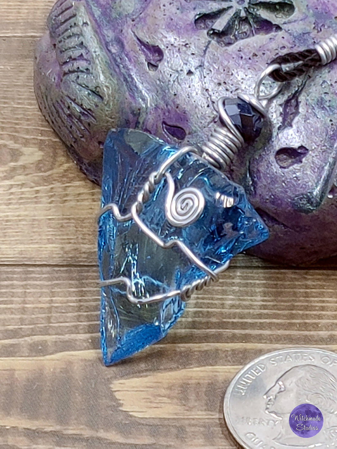 Aqua Blue Glass Wire Wrap Necklace, Copper Metaphysical Jewelry JN73