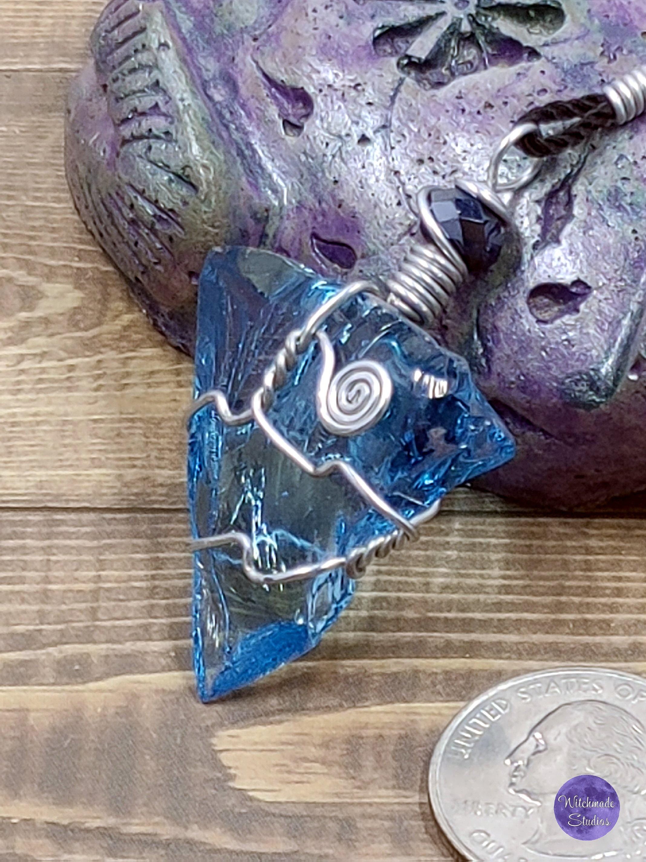 Aqua Blue Glass Wire Wrap Necklace, Copper Metaphysical Jewelry JN73