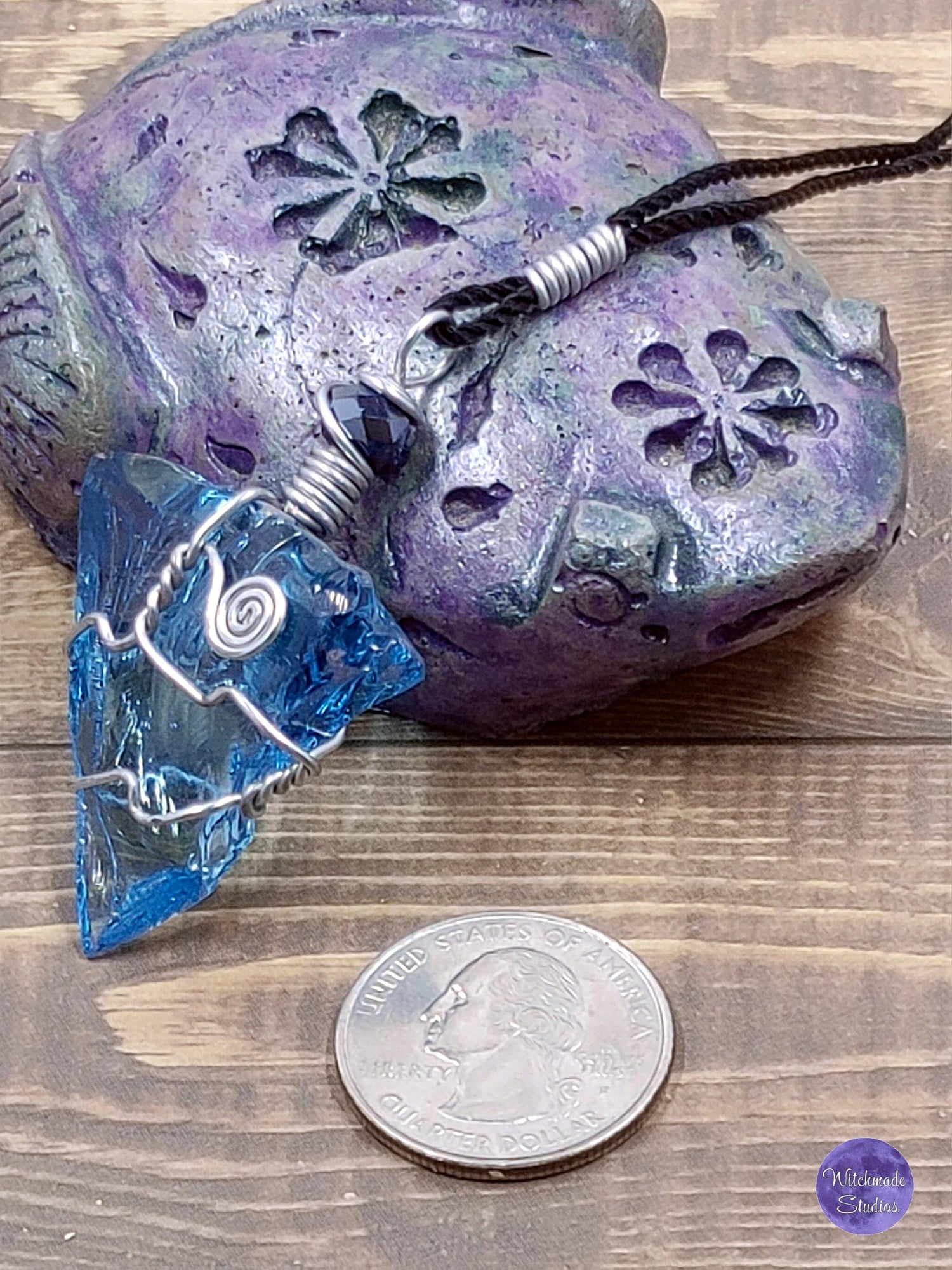 Aqua Blue Glass Wire Wrap Necklace, Copper Metaphysical Jewelry JN73
