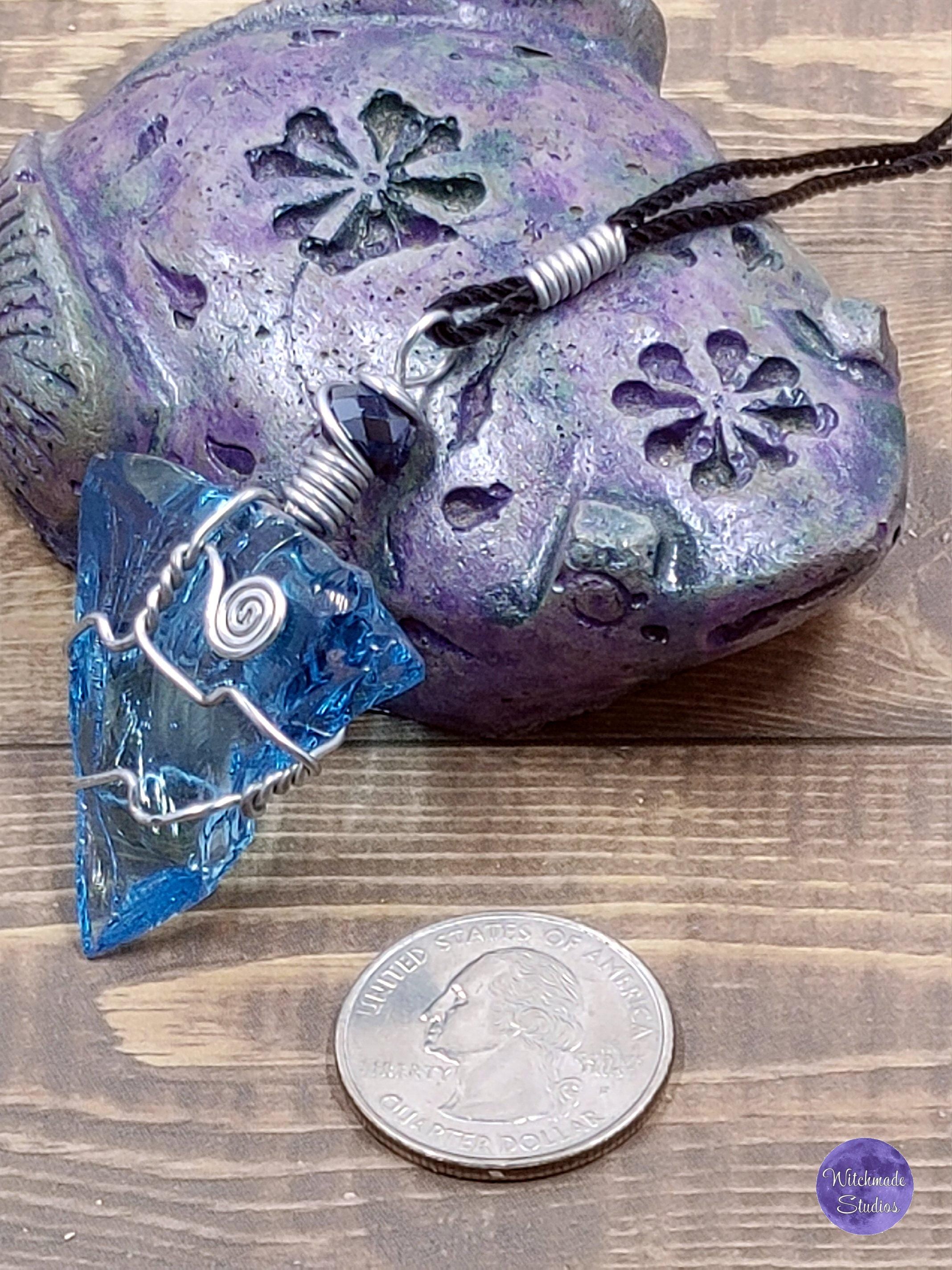 Aqua Blue Glass Wire Wrap Necklace, Copper Metaphysical Jewelry JN73